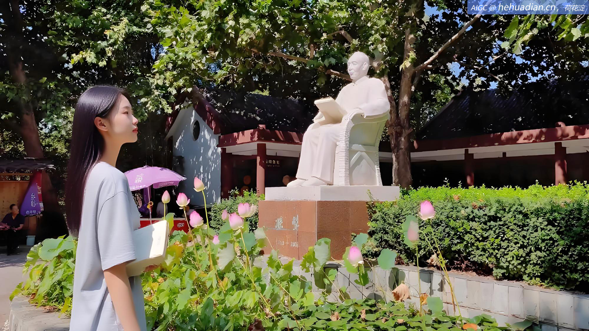 雄安新区荷花淀景点，一个女文青正在参观孙犁纪念馆