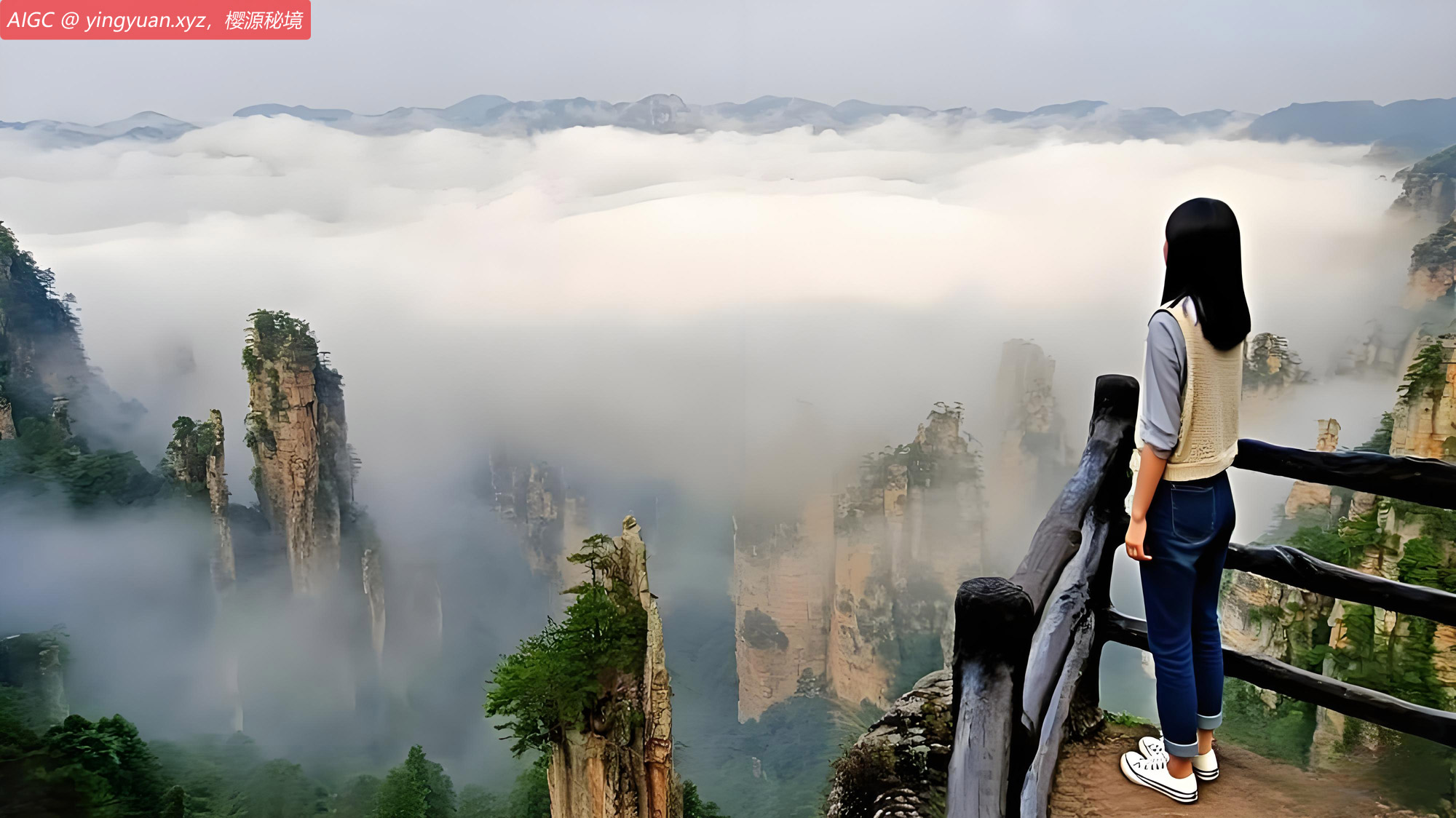 张家界在初升阳光照耀下，云海在峰林间翻滚