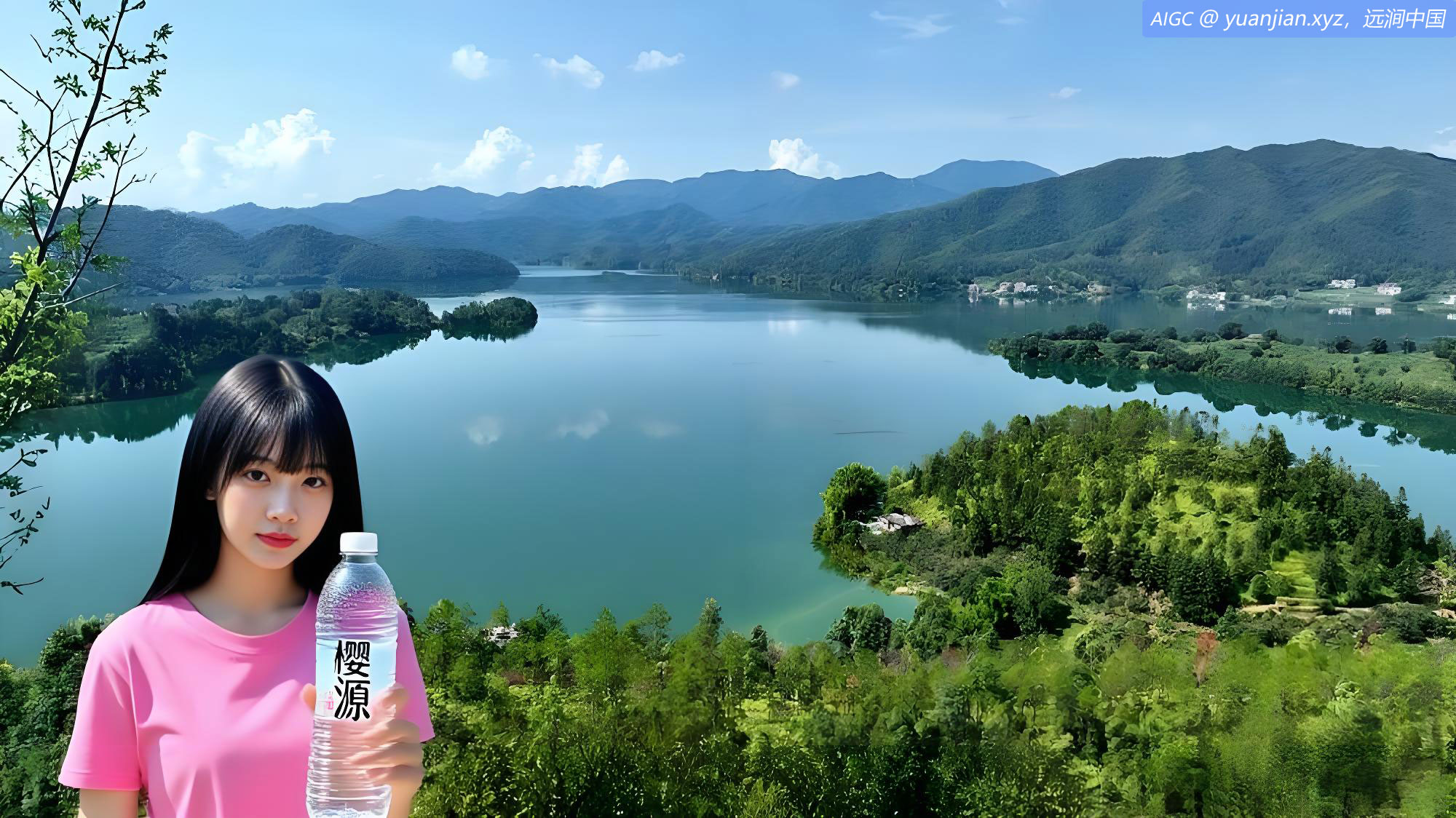 江西上饶县阳明湖，碧水如镜，村落点缀，仿若世外桃源。