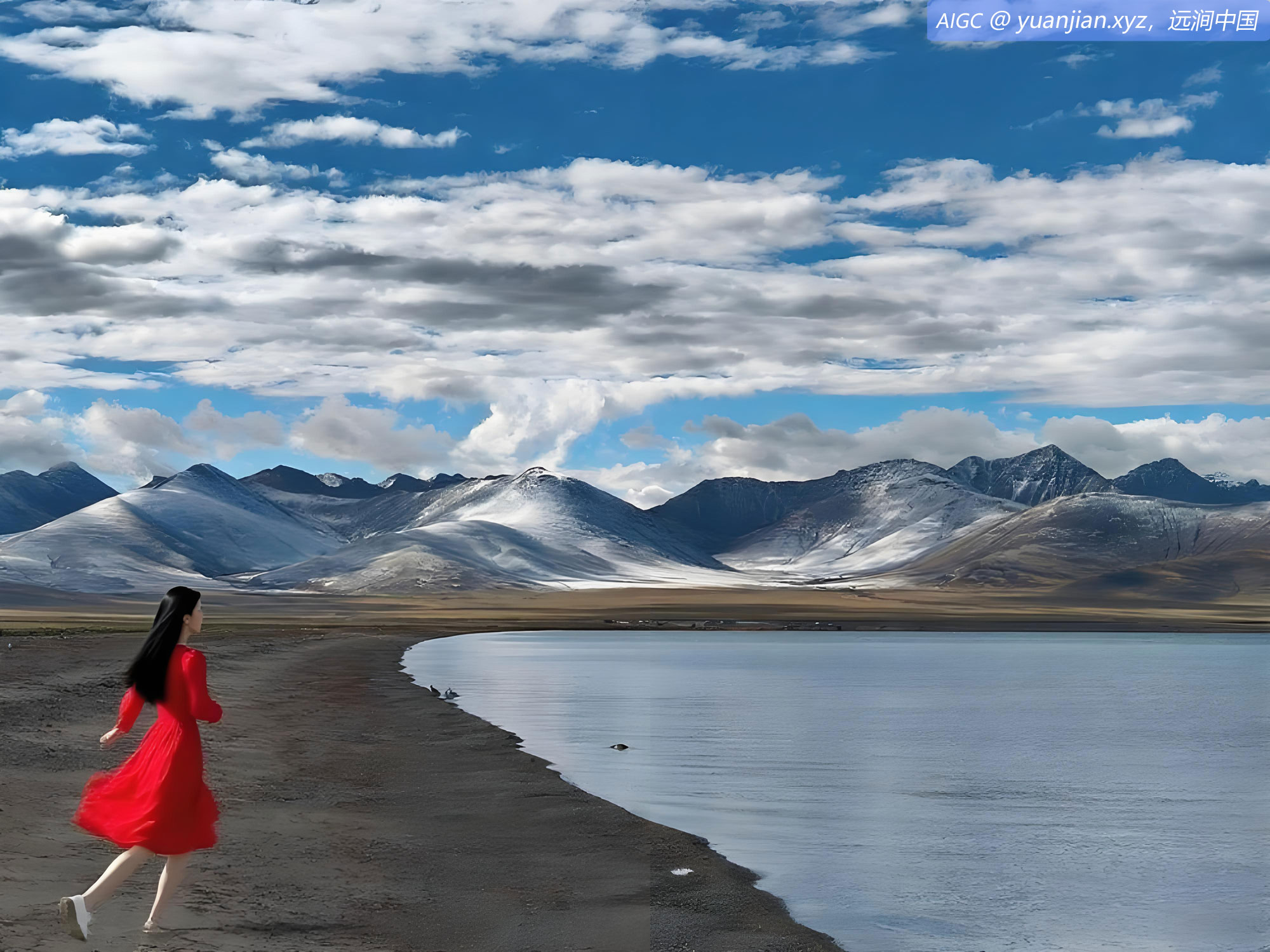 美丽的纳木错碧水蓝天，雪山连绵，景色如画