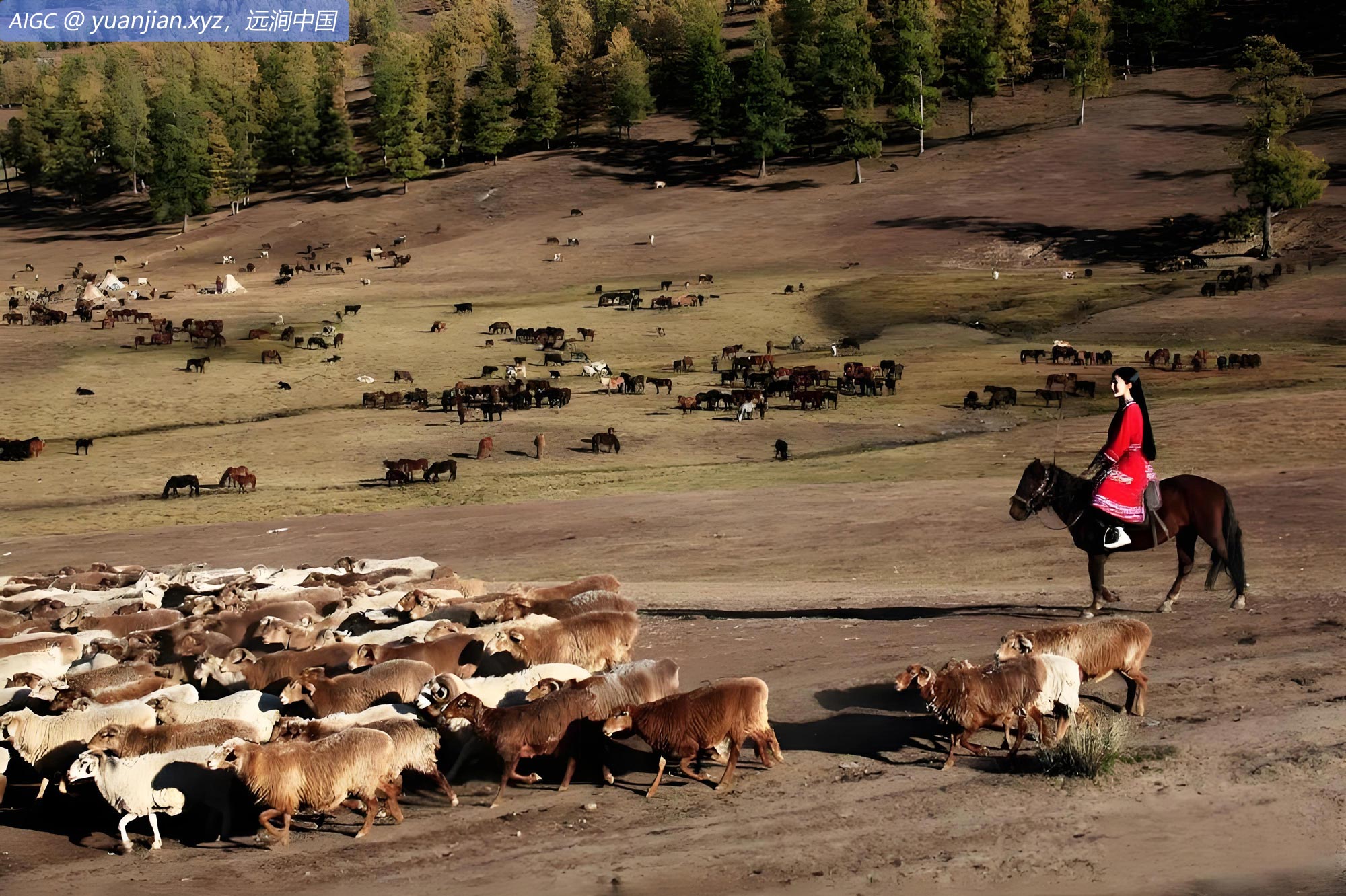 新疆阿勒泰牧民赶着牲畜前往冬牧场。