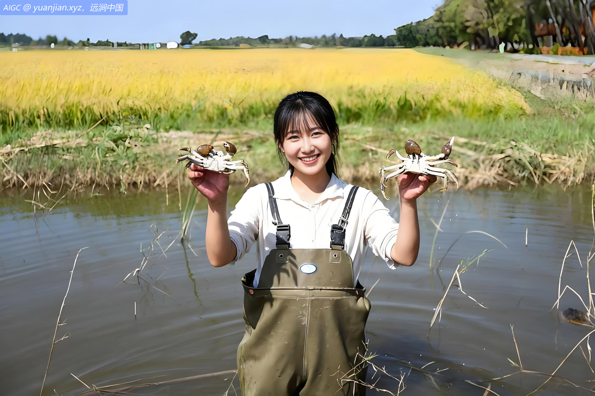 准格尔旗小滩子村，黄河稻渔生态观光园捕获大闸蟹