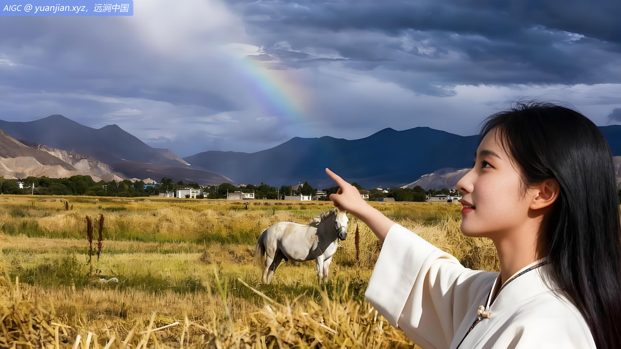 西藏日喀则，丰收的青稞田上空现出现彩虹