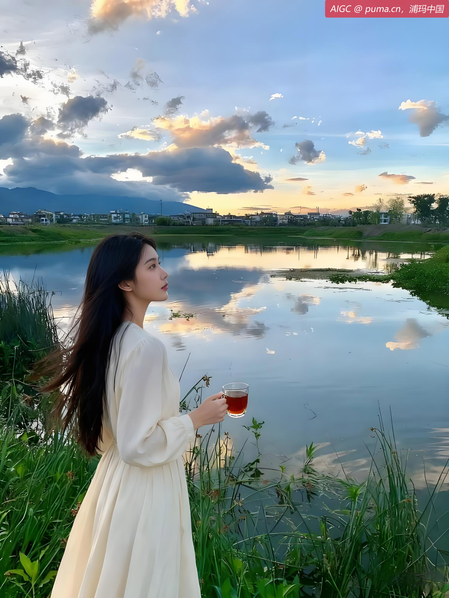 她手捧一杯浦玛红茶，茶汤红亮如晚霞