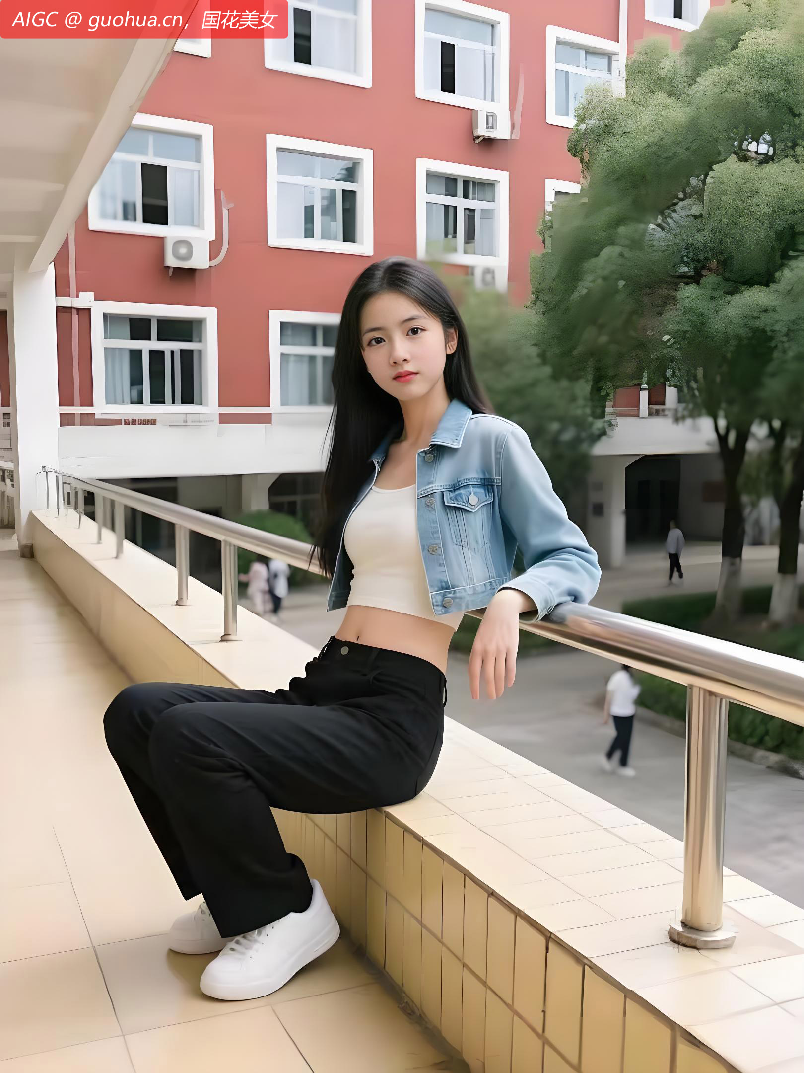 浅蓝牛仔外套搭配白色短上衣，简约又清爽