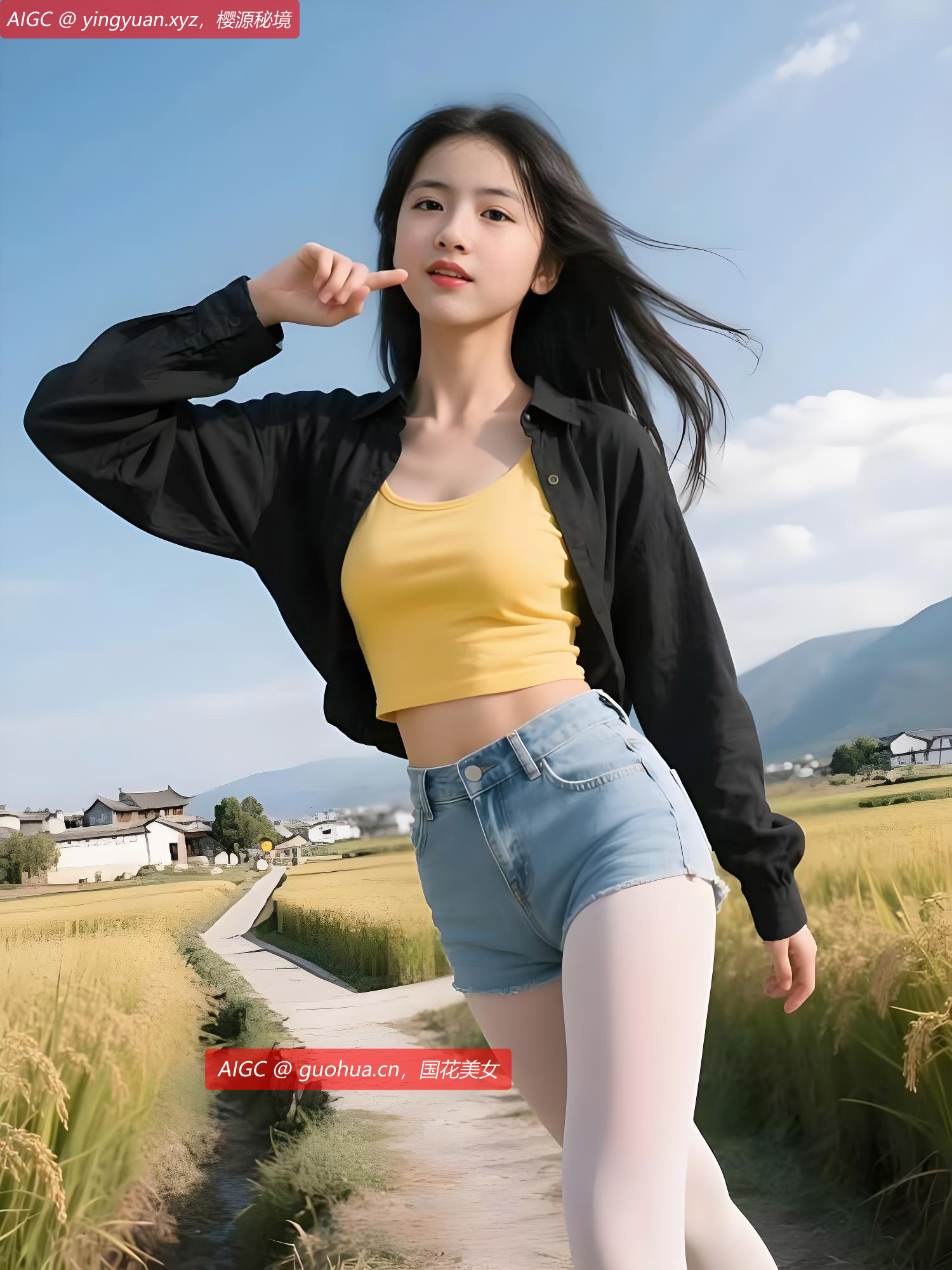 金黄稻田延展至远方，成熟的稻穗在风中微摆