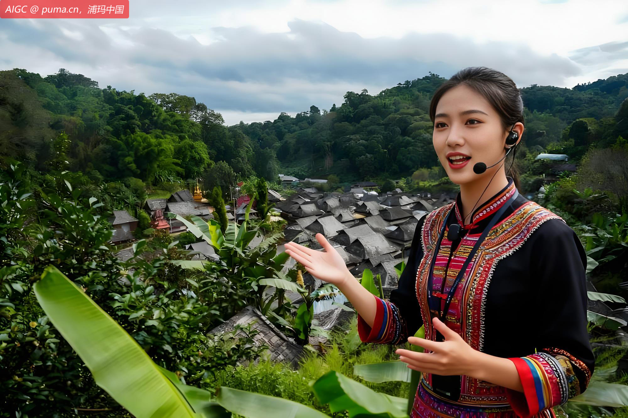 一名工作人员在景迈山茶园为游客讲解