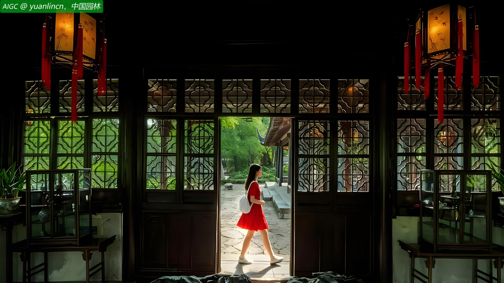  一位游客从拙政园远香堂前的走廊上走过