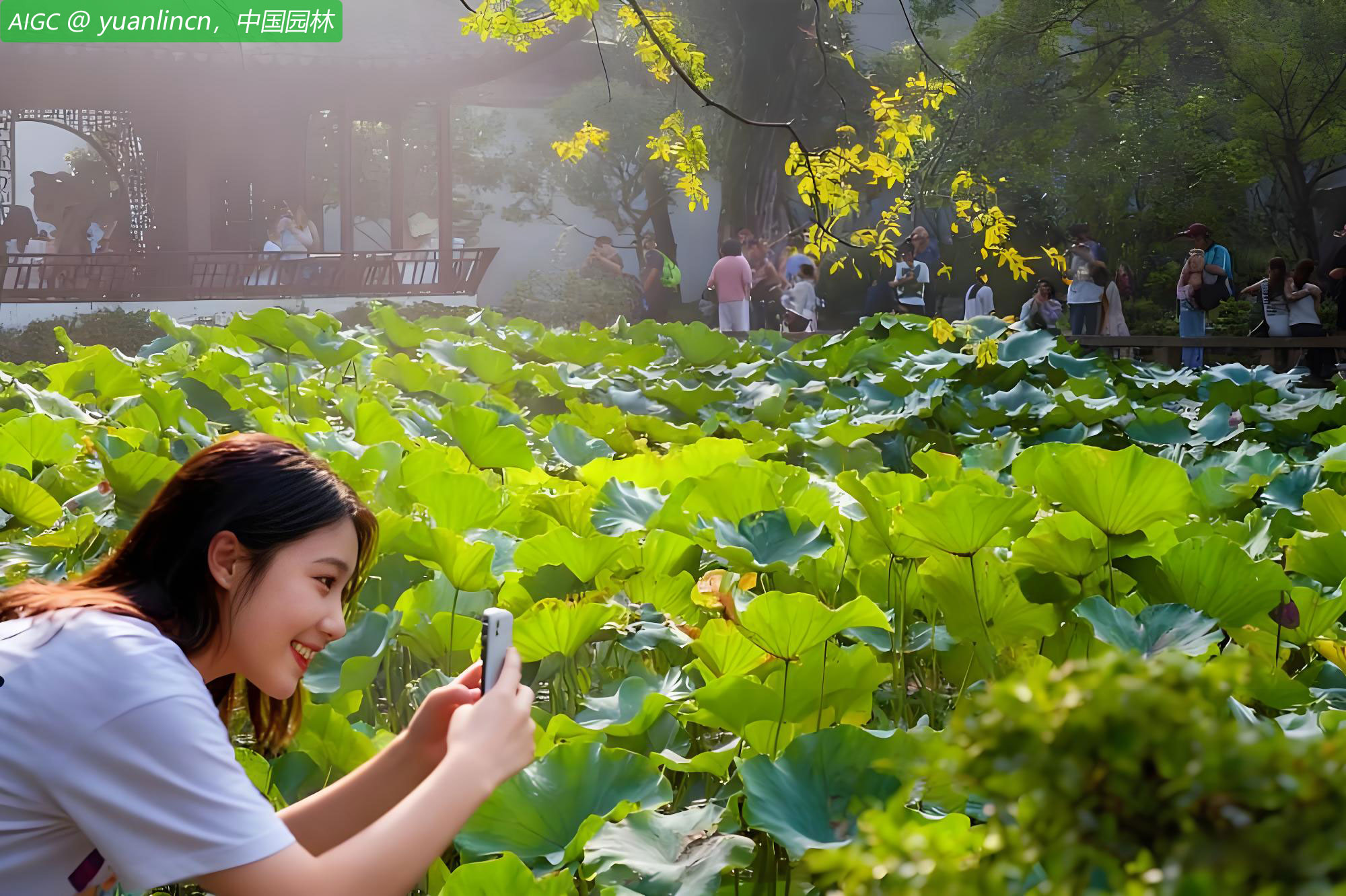 苏州拙政园内，亭台水榭倒映在如镜的碧波中