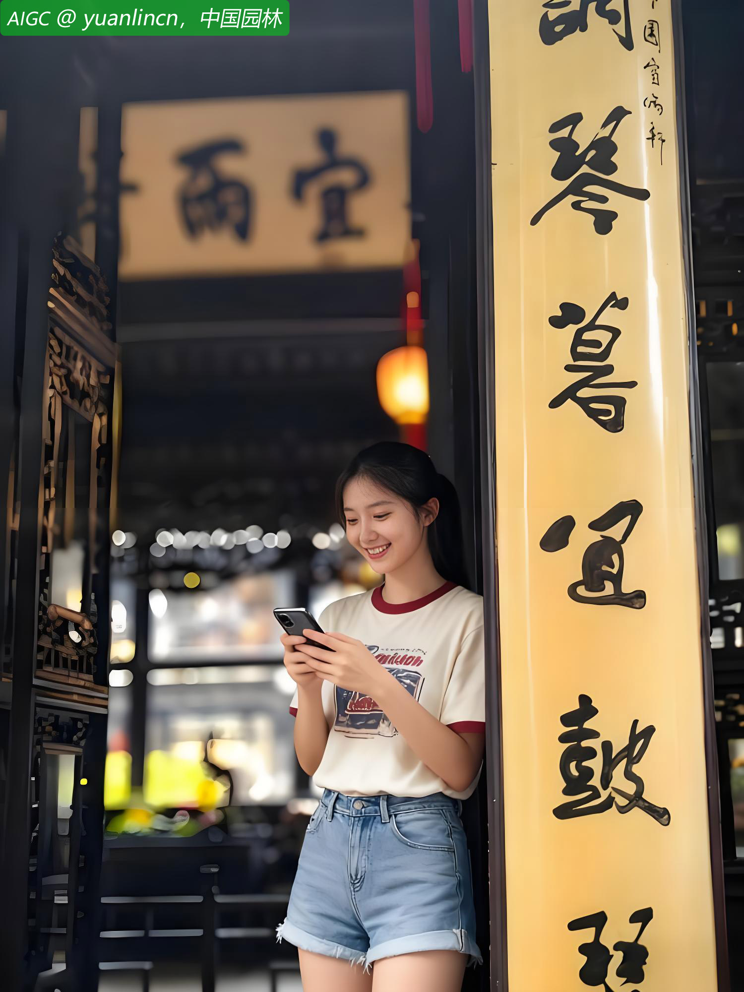 一位游客站在个园宜雨轩门口发朋友圈