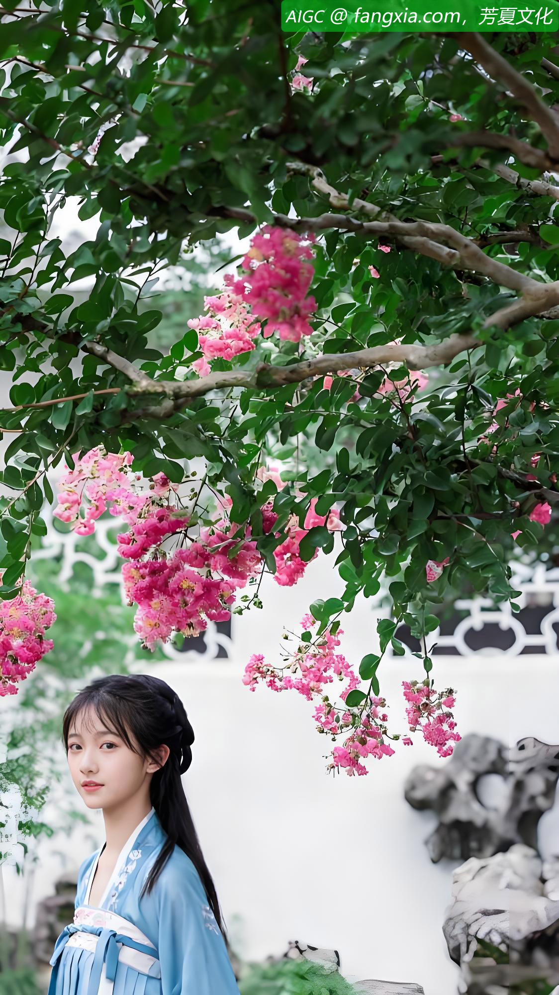 一位汉服少女从盛开的紫薇花下走过