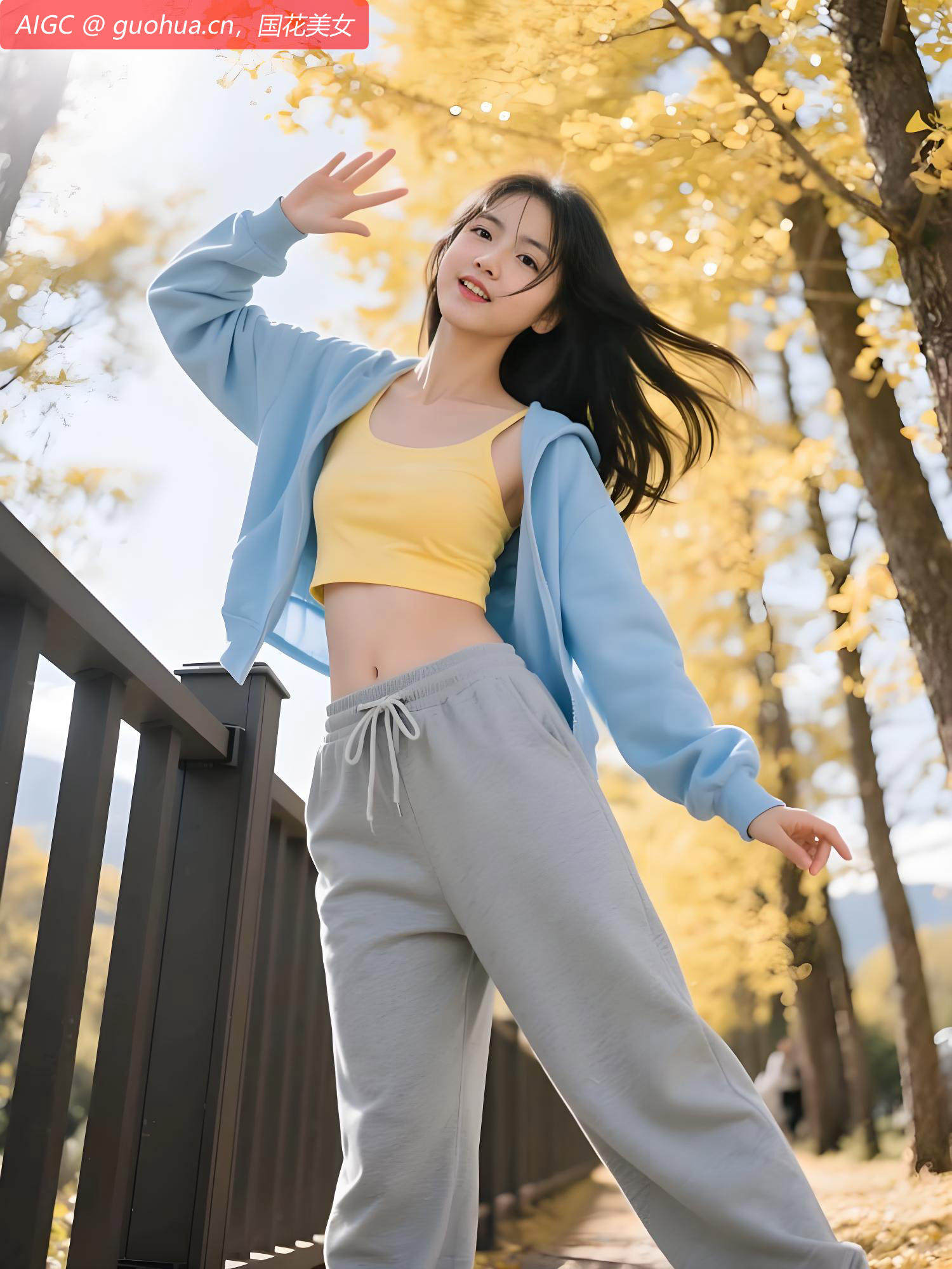 金黄的银杏叶飘洒在公园木栈道上。