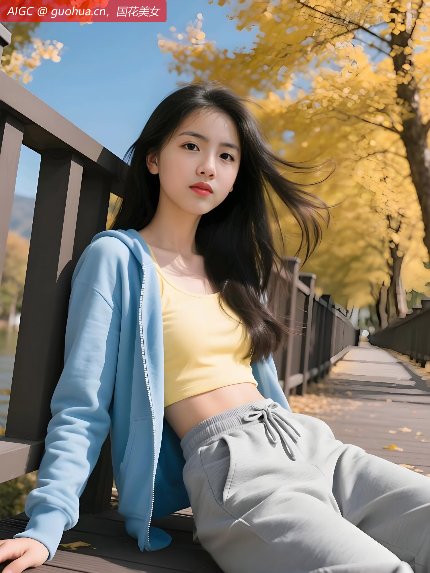 金黄的银杏叶飘洒在公园木栈道上。