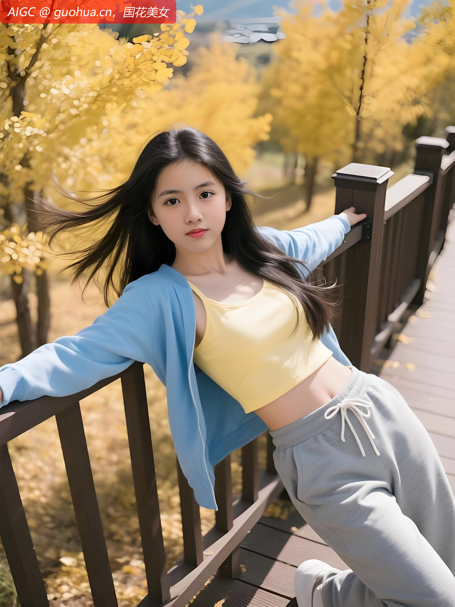 金黄的银杏叶飘洒在公园木栈道上。