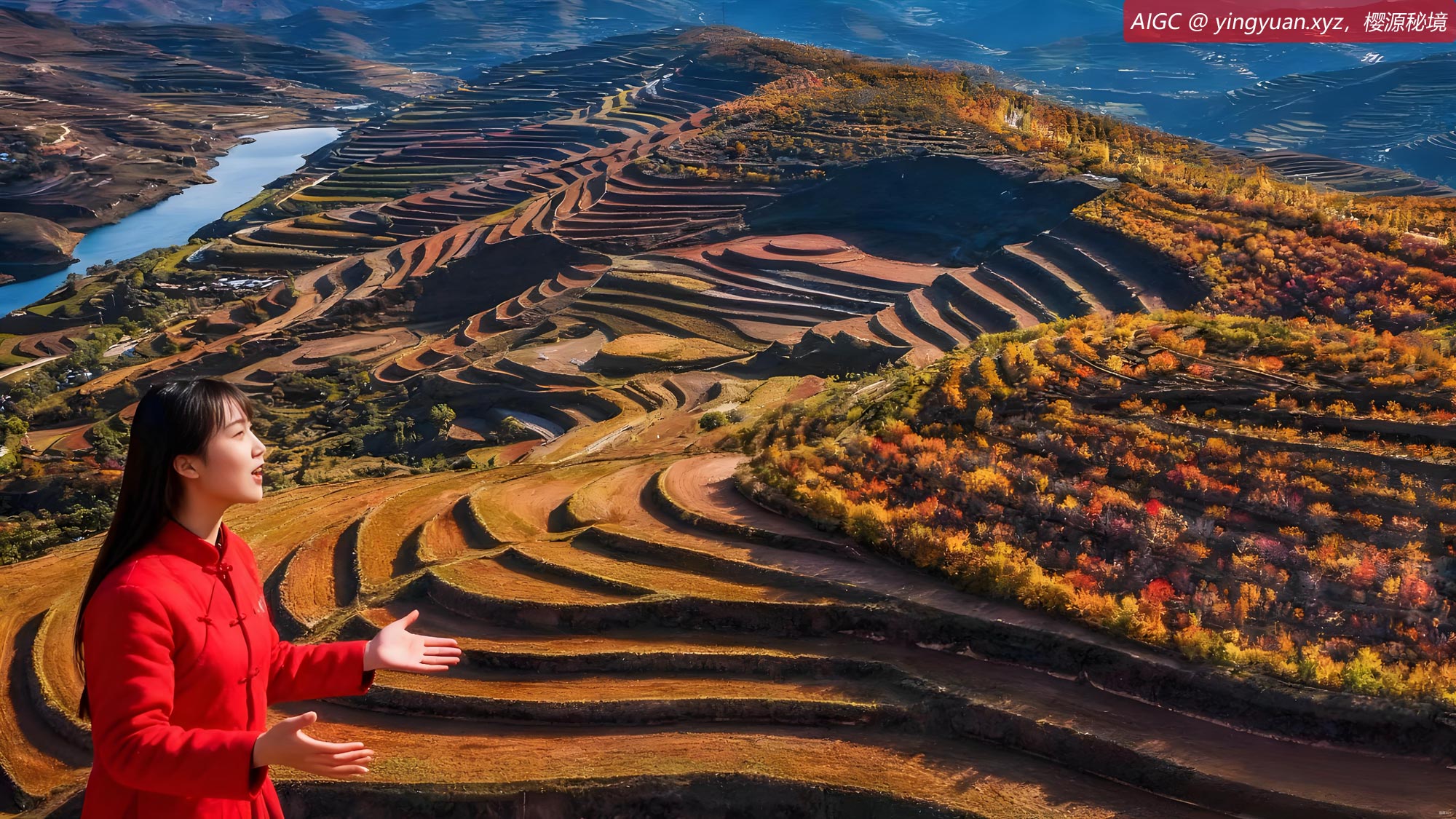 一位红衣姑娘在“黄土”高坡唱起了信天游