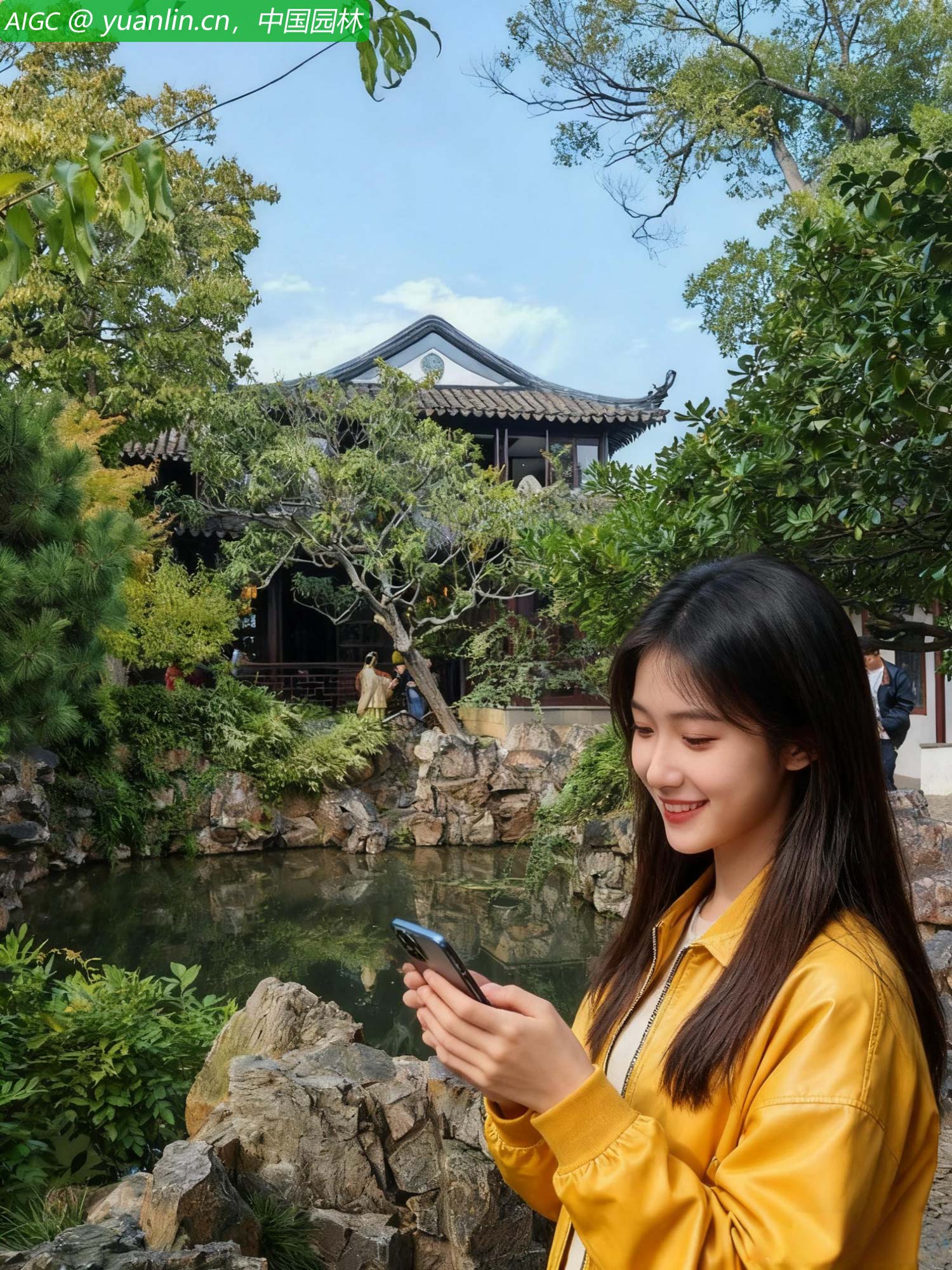 一位身着明黄外套的姑娘不看园林着手机