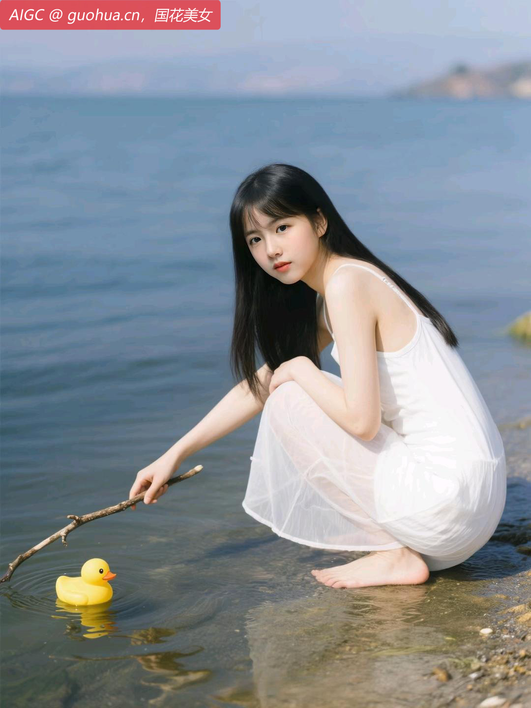 海风轻拂长发，她赤足踏在微凉的浅滩