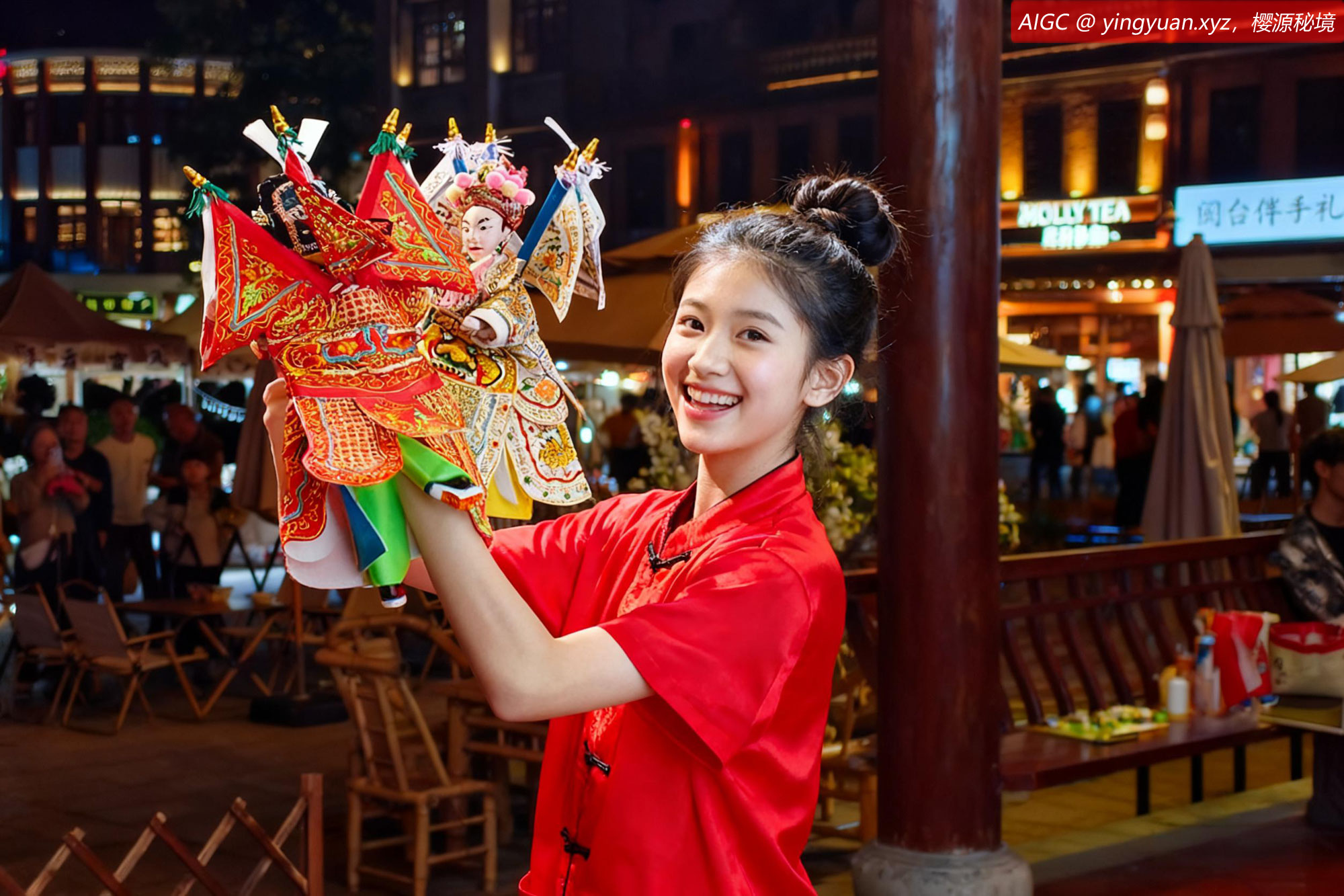 漳州古城内，一位年轻艺人在表演布袋木偶戏