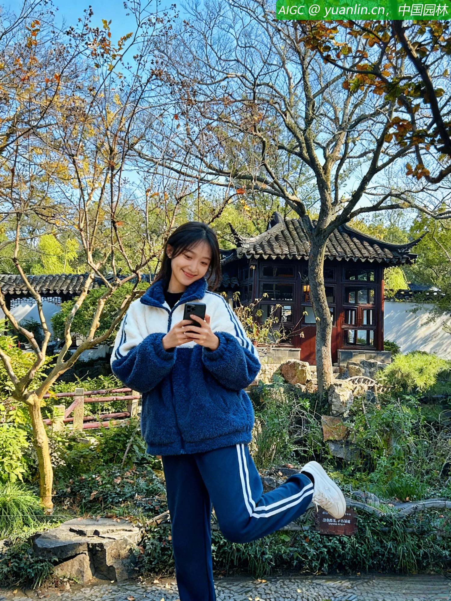 “姑娘：走路看景，不要看手机！”