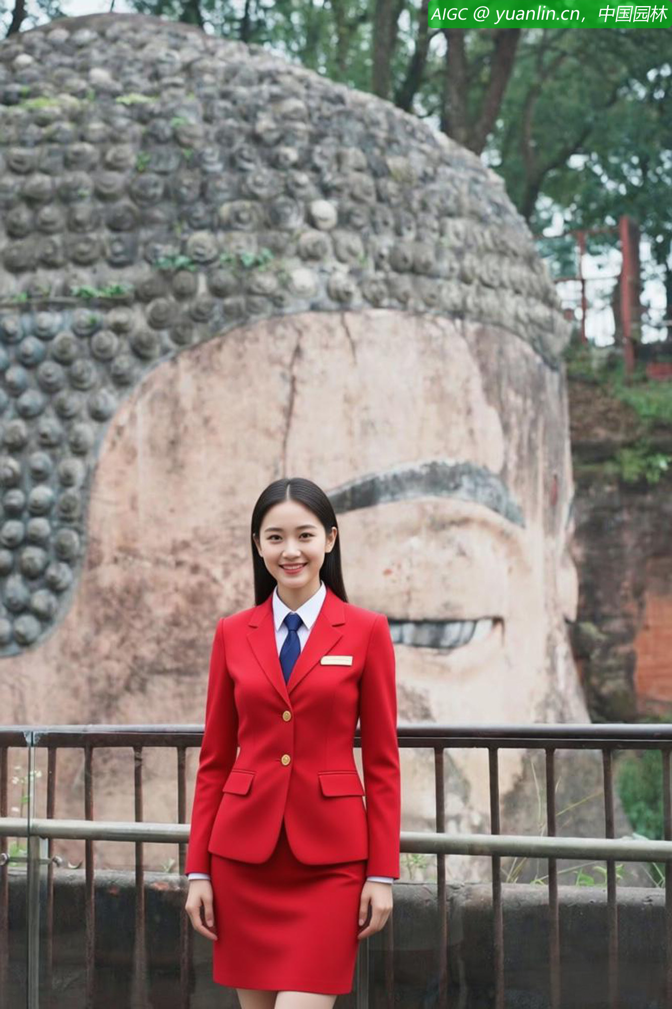 一位空姐在乐山大佛前留影。乐山乐水，如诗如画。