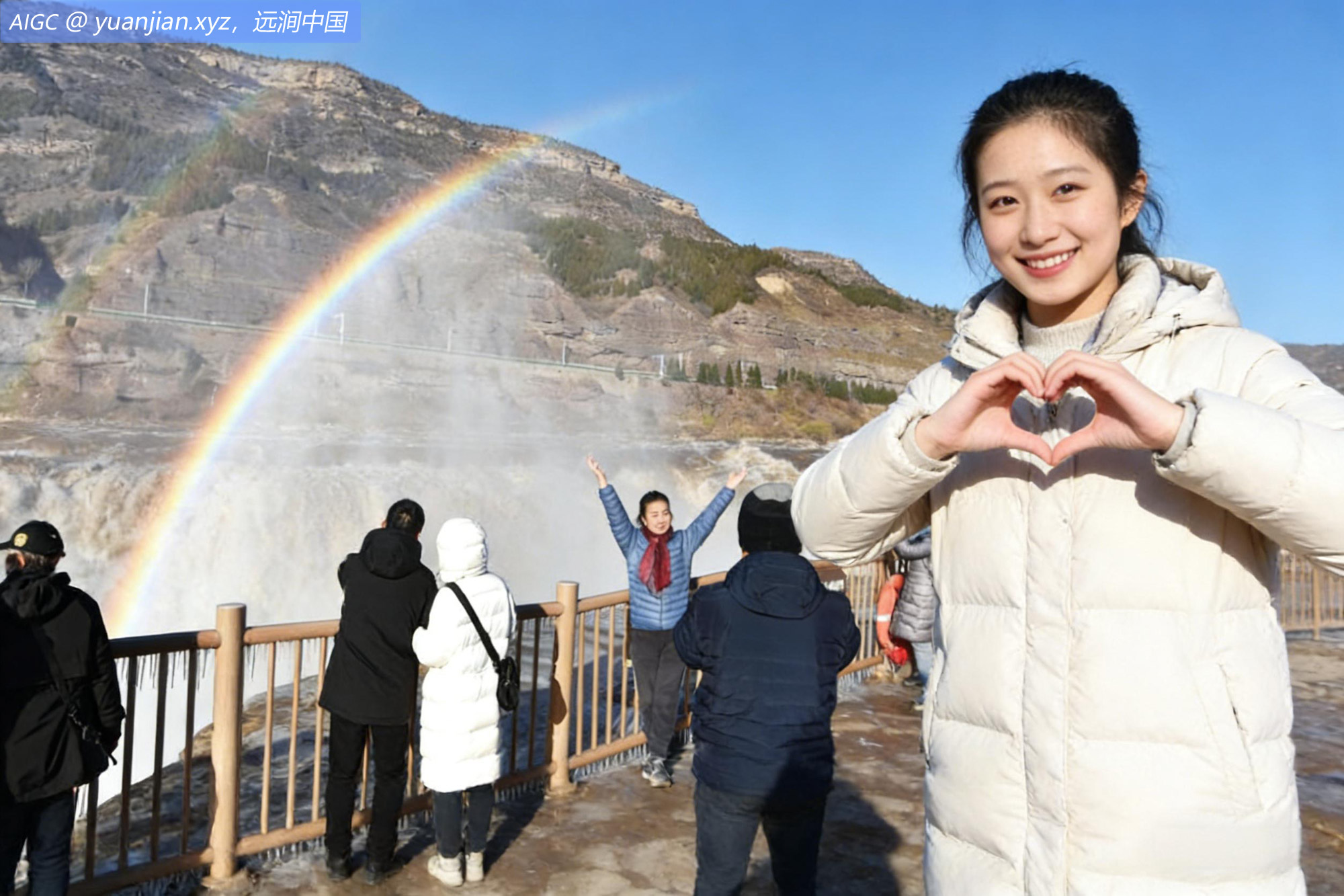 游客在山西吉县黄河壶口瀑布景区欣赏“双彩虹”景观