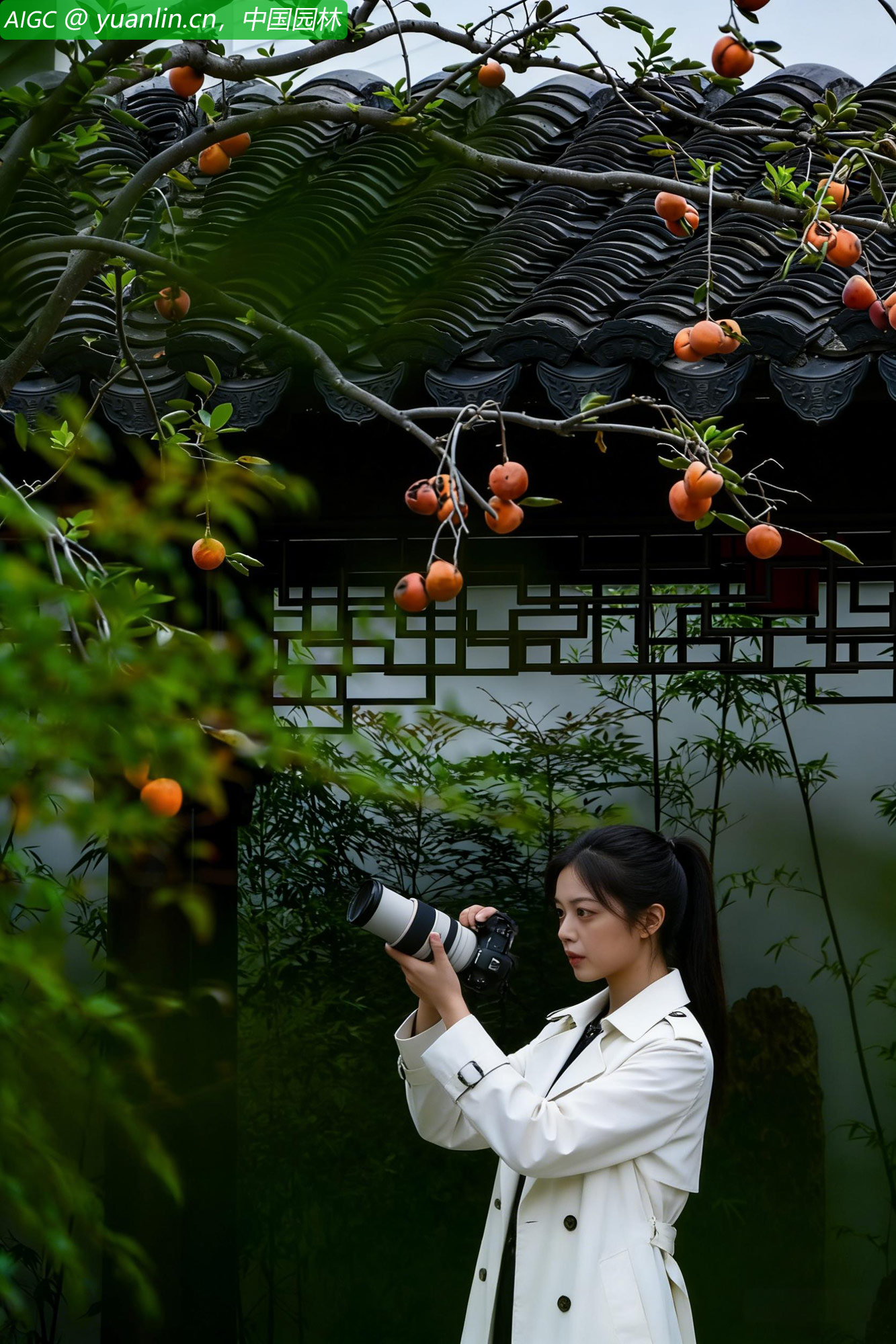 一位白色风衣记者正在拍摄柿子
