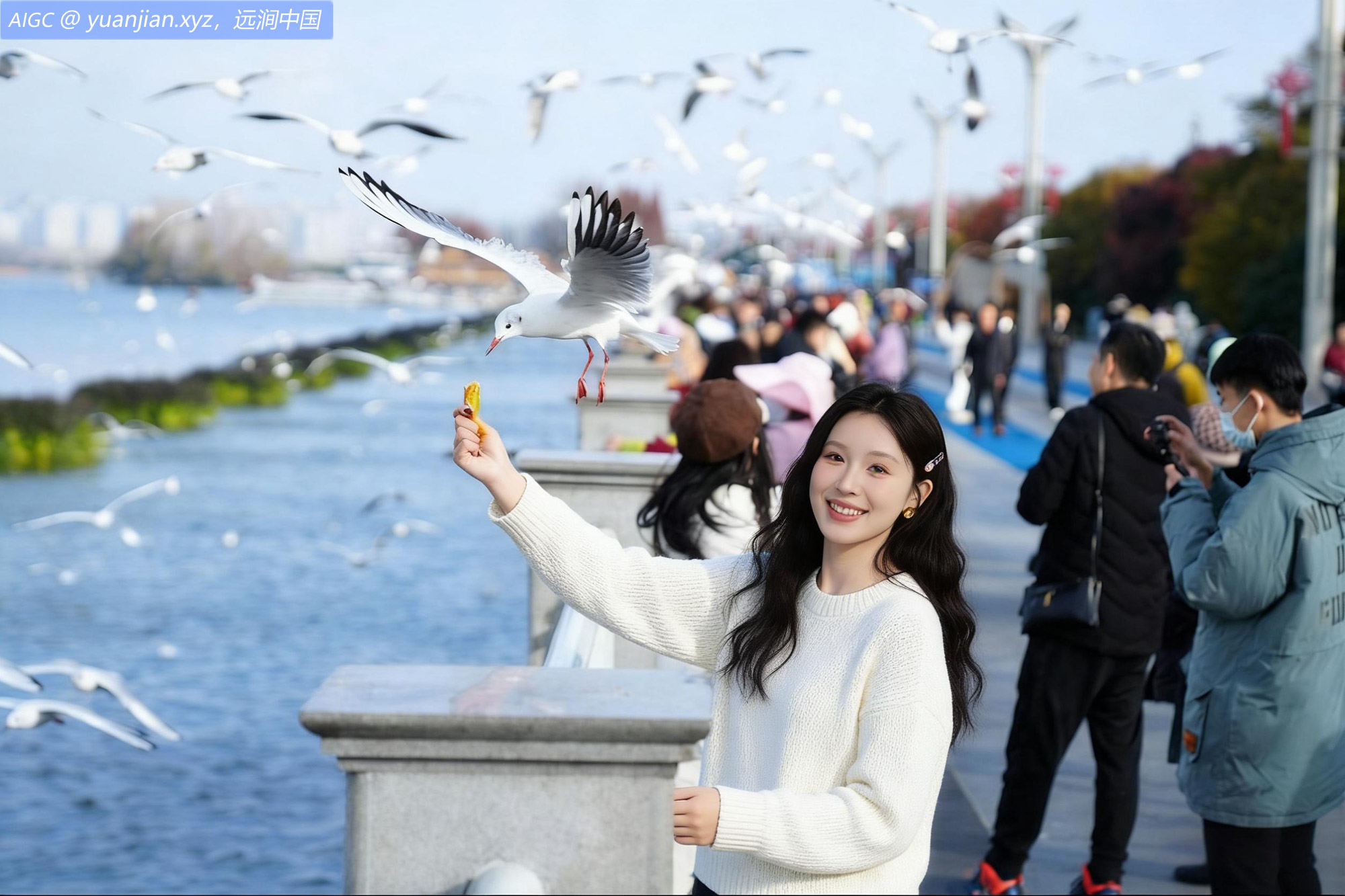 游客在昆明滇池海埂大坝给红嘴鸥喂食、拍照