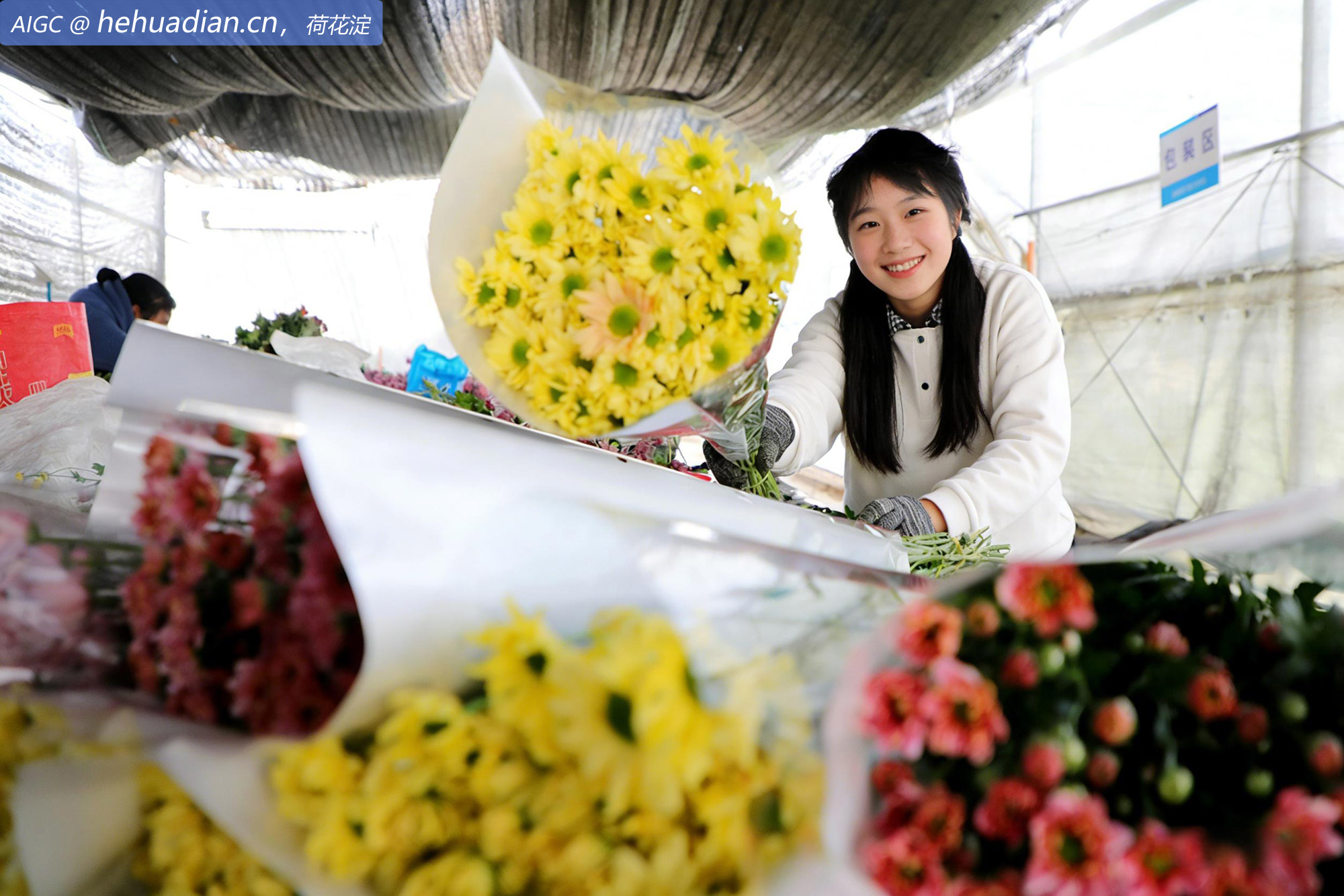 安徽省阜阳市吕寨村花卉种植基地，花农们正忙包装