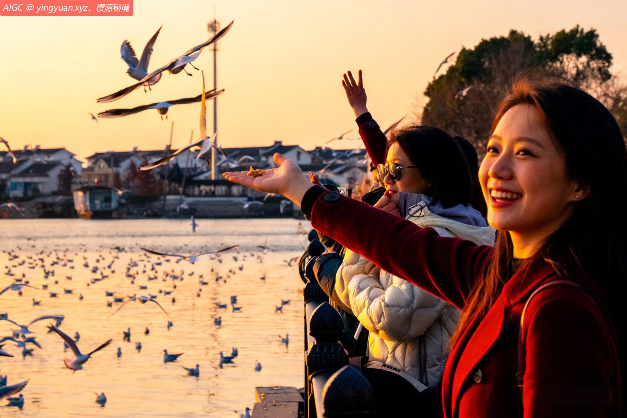 大批红嘴鸥在苏州吴中区太湖渔港村越冬觅食