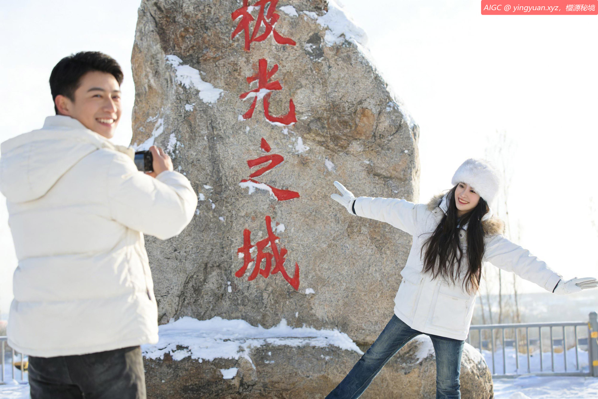 游人在漠河“极光之城”石碑前留影