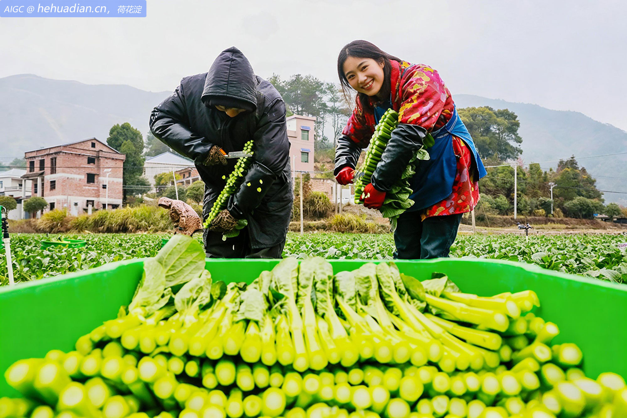湖南永州新田县中山街道东升村，村民正在采收菜心。