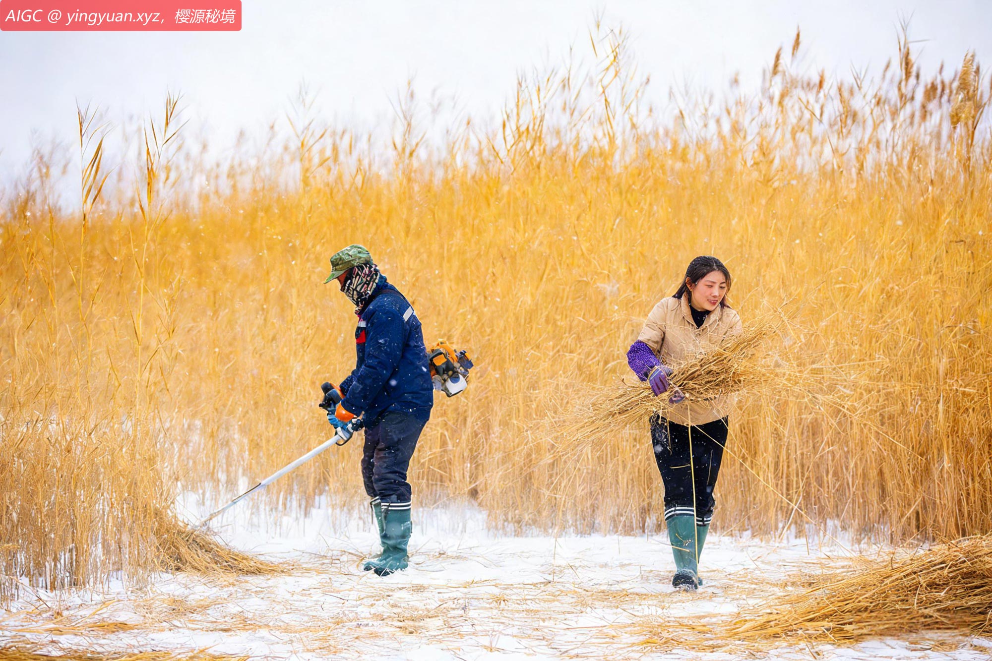 甘肃张掖国家湿地公园，工人在风雪中收割、打捆芦苇