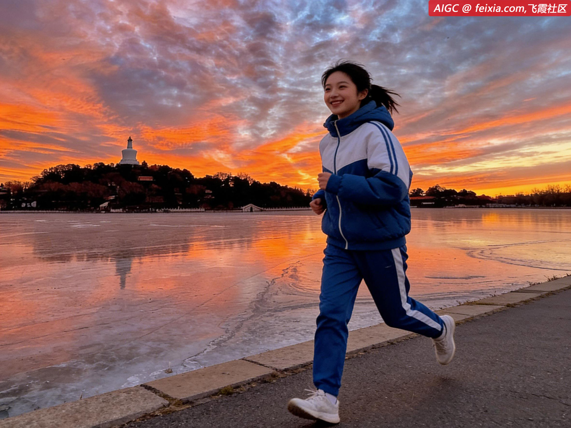 北京北海公园，一位追赶飞霞的姑娘