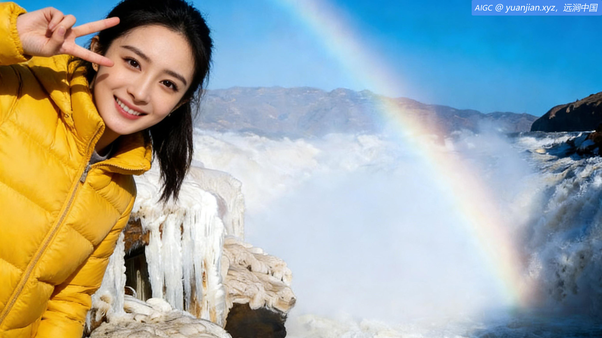 游客在黄河壶口观赏“玉壶冰瀑”壮美景观并拍照留念