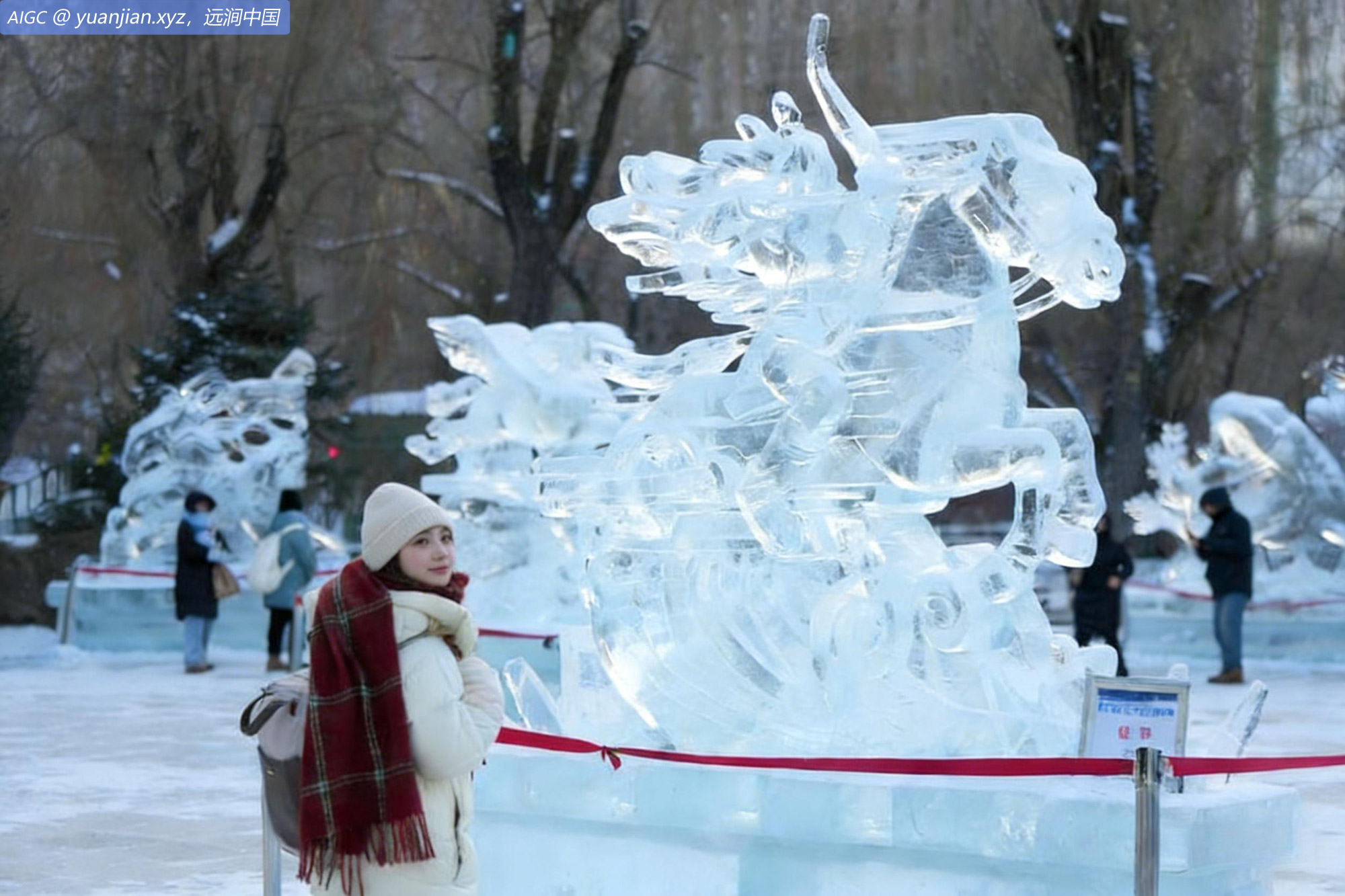 游客在第52届哈尔滨冰灯艺术游园会上欣赏冰雕作品