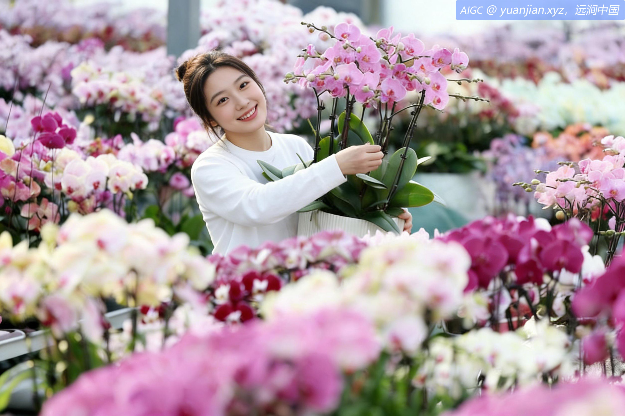 山东临沂郯城，台创花博园工人在管护蝴蝶兰