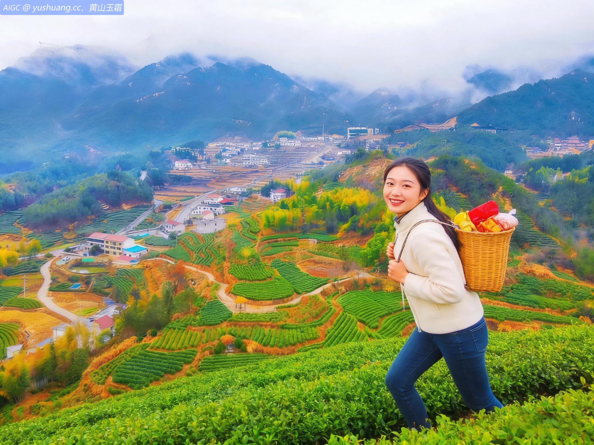 莲云乡长生村，层层叠叠的茶园、果园、稻田与错落的民居