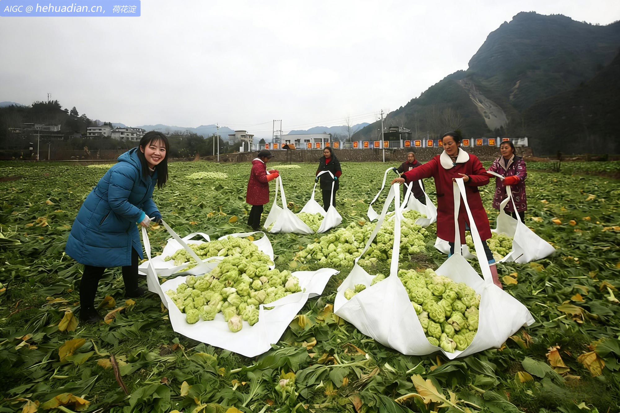 湖北恩施大路坝村种植基地，利用无人机转运采收的青菜头