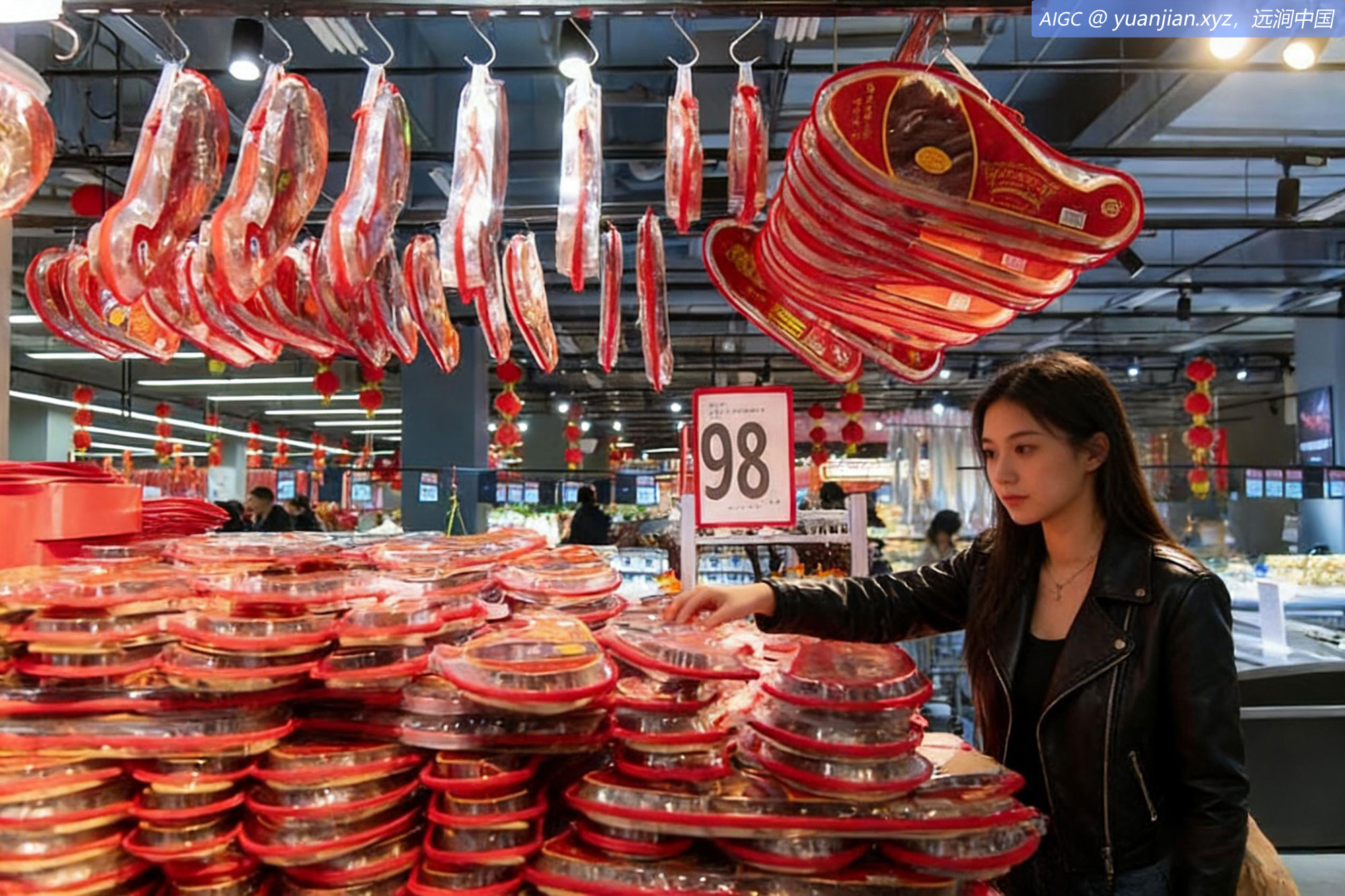 浙江省金华市大型购物中心，顾客在选购金华火腿