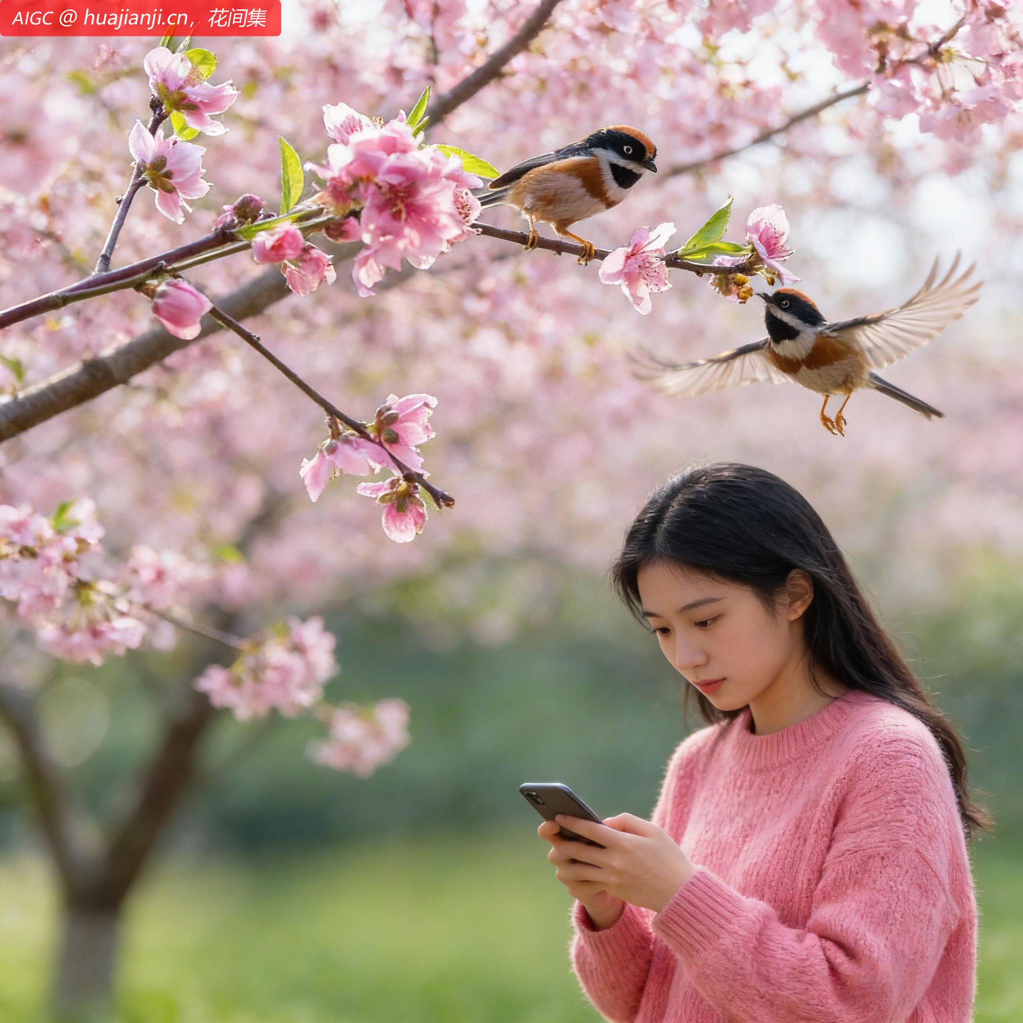 中科院武汉植物园内，红头长尾山雀在桃花枝头灵动觅食