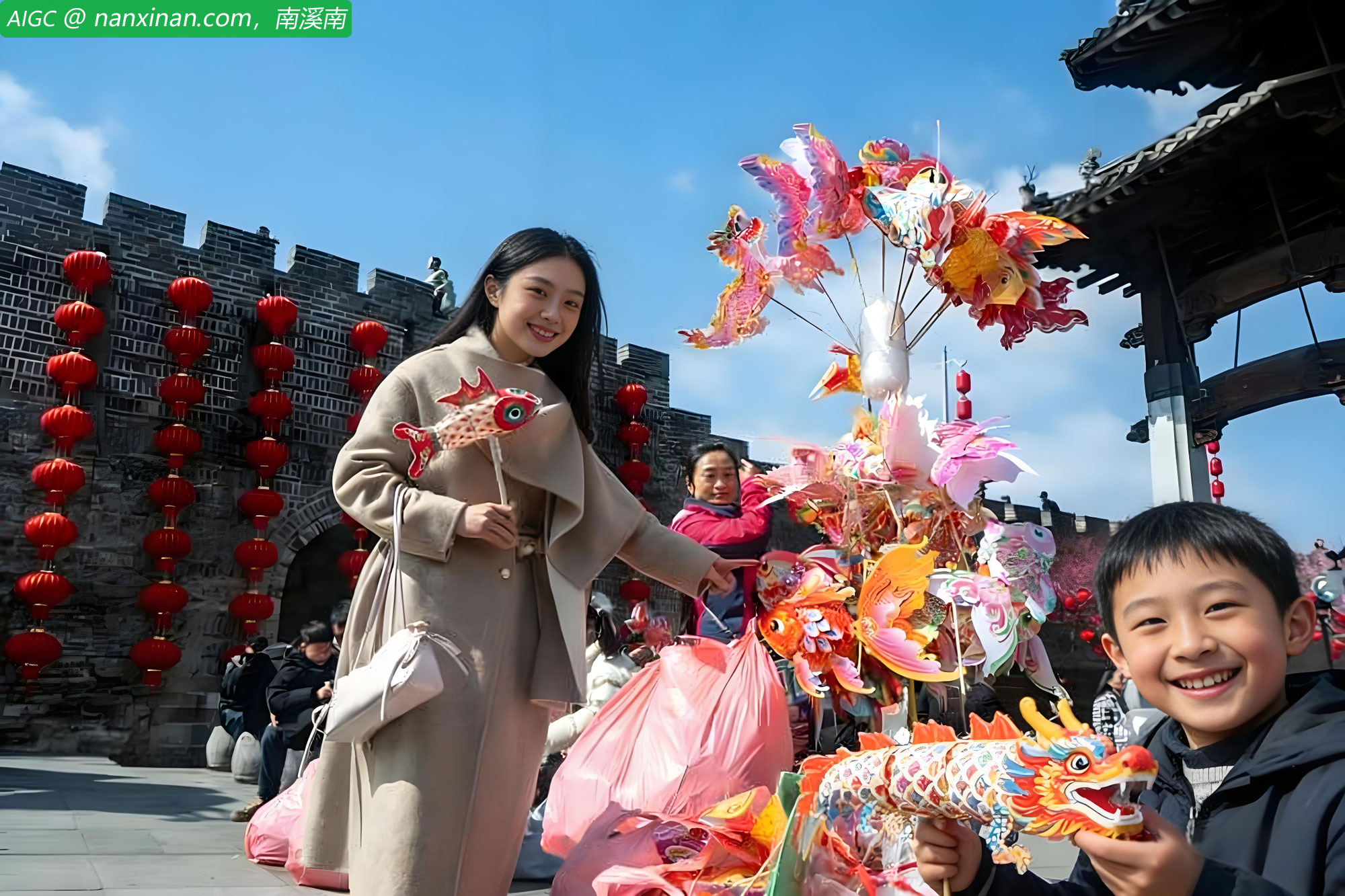 游客在黄山市徽州古城非遗集市上选购非遗文创产品