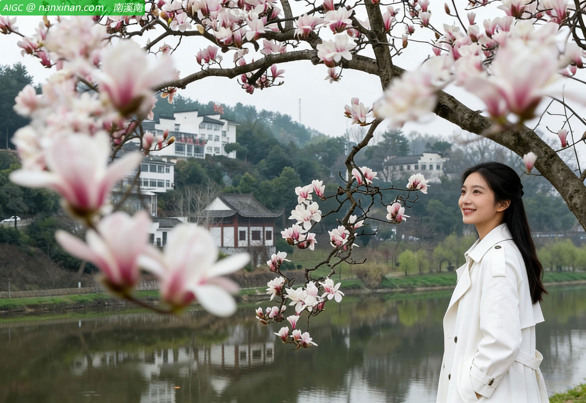 黄山市歙县新安江畔多景园，玉兰花在枝头渐次绽放