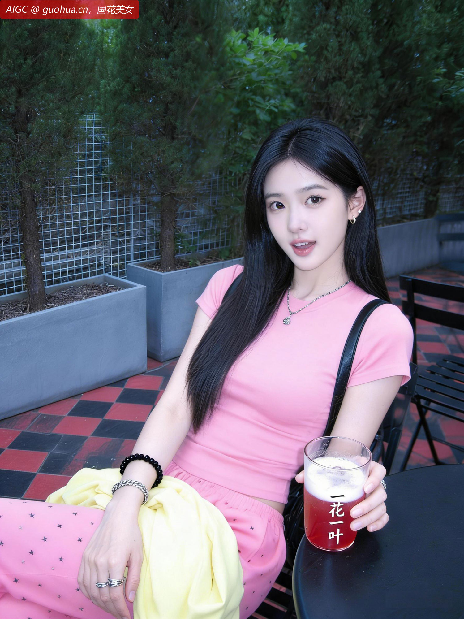 晓樱身着粉色短袖，正在喝着“一花一叶”西柚汁
