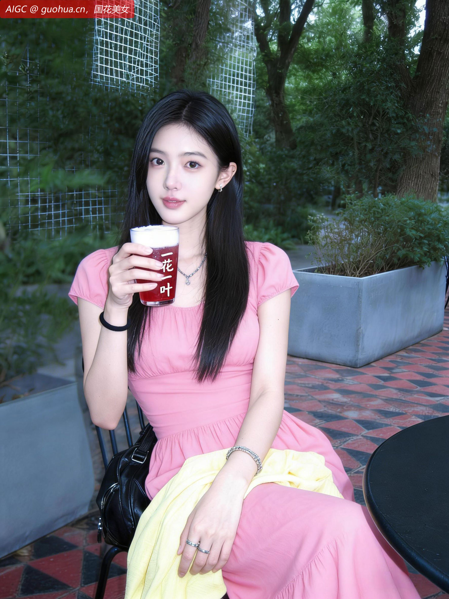 晓樱身着粉色短袖，正在喝着“一花一叶”西柚汁