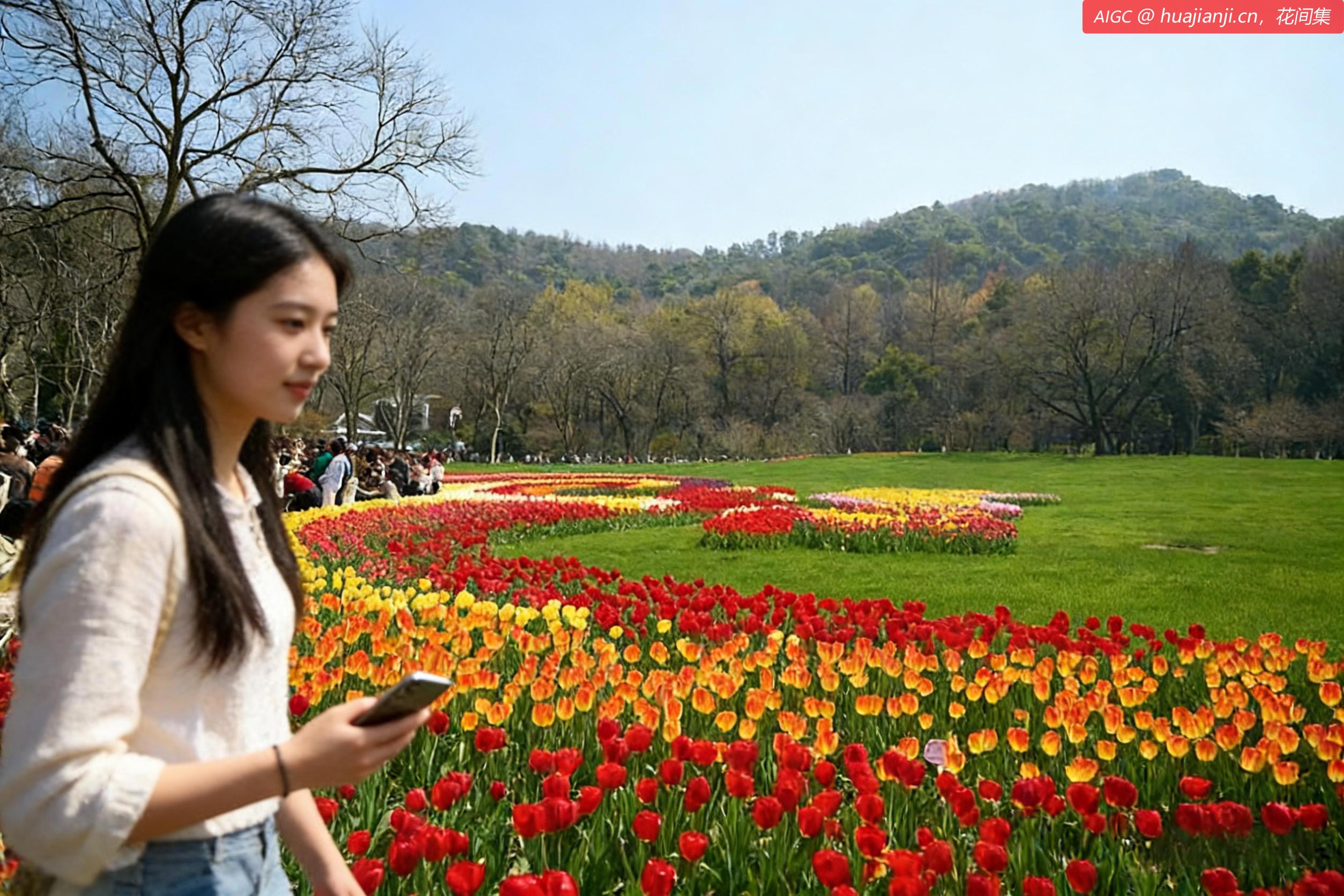 杭州太子湾公园，一位游客从郁金香花境边走过