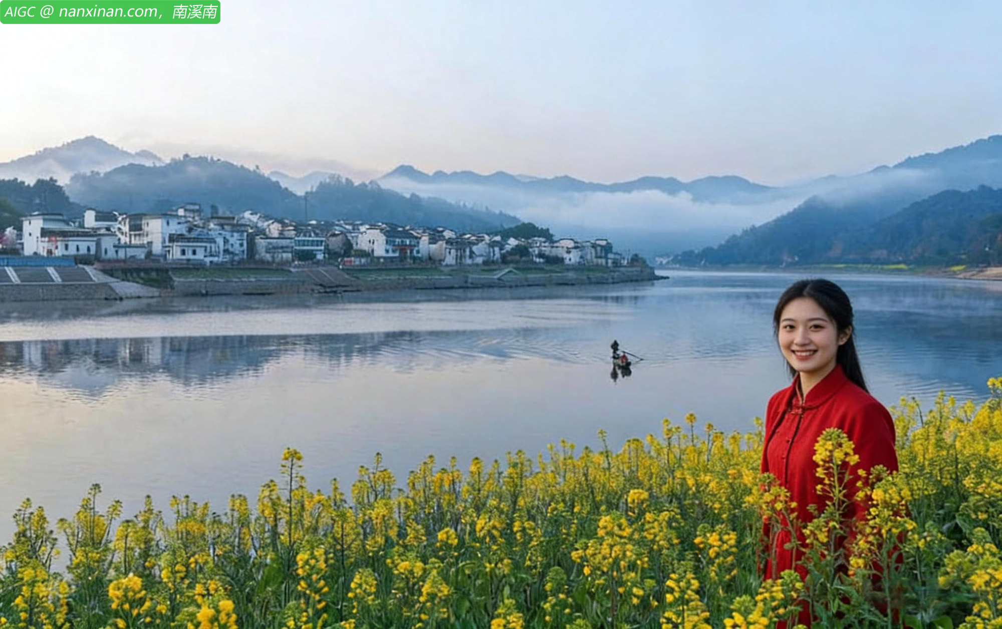安徽省黄山市歙县新安江畔，油菜花绵延铺展，春意盎然