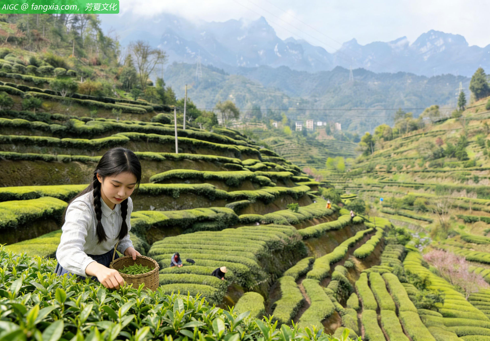 湖北省秭归县茅坪镇中坝子村茶农在茶园采春茶