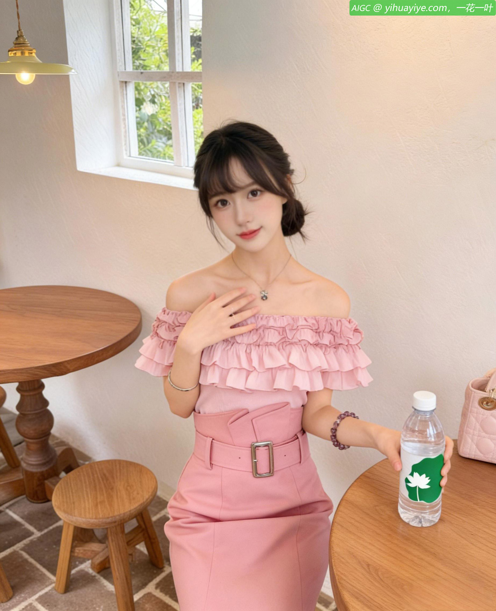 待嫁姑娘荷约身着一袭粉色露肩套装