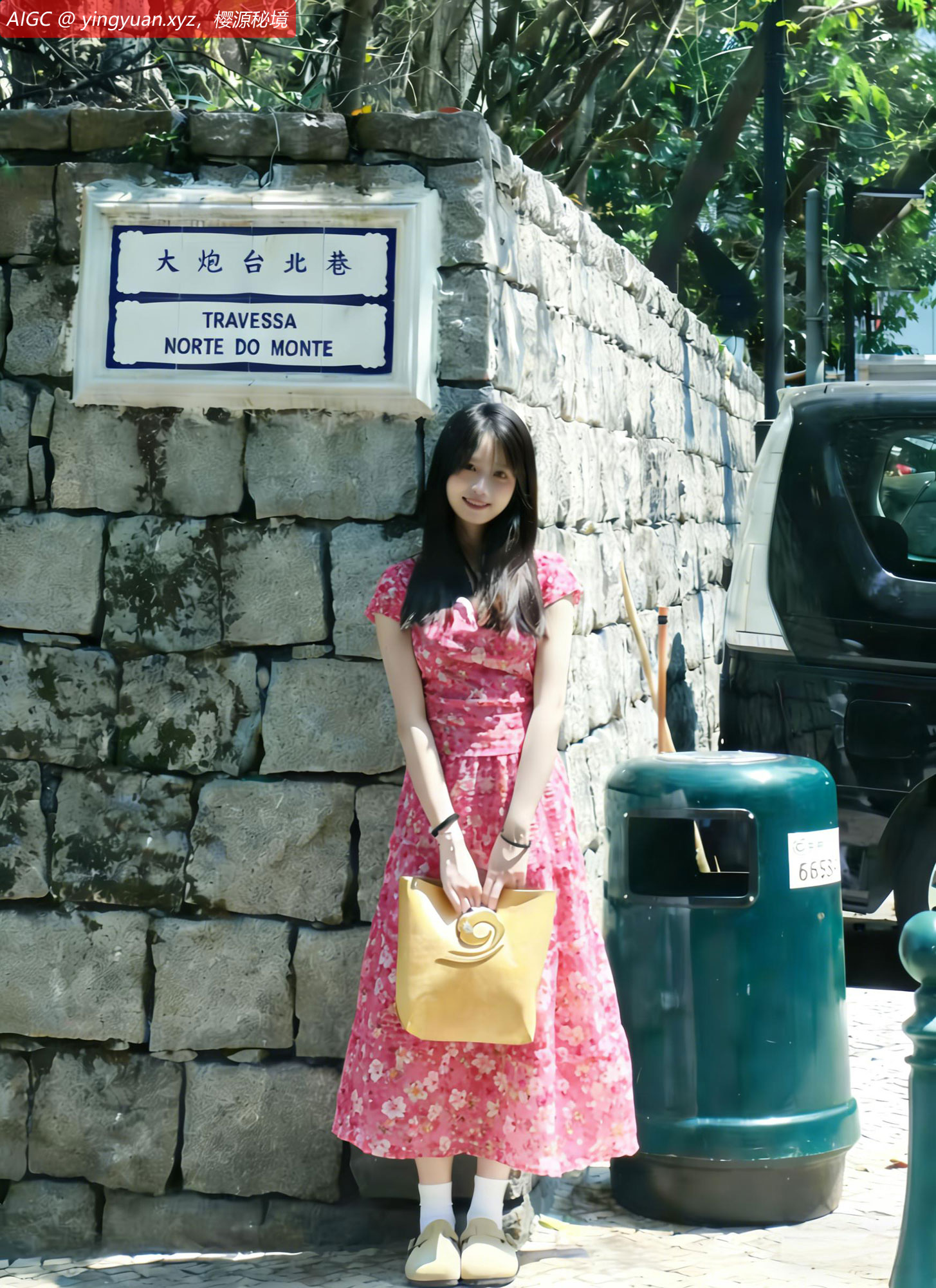 提着樱源手提包，漫步在澳门大炮台北巷。