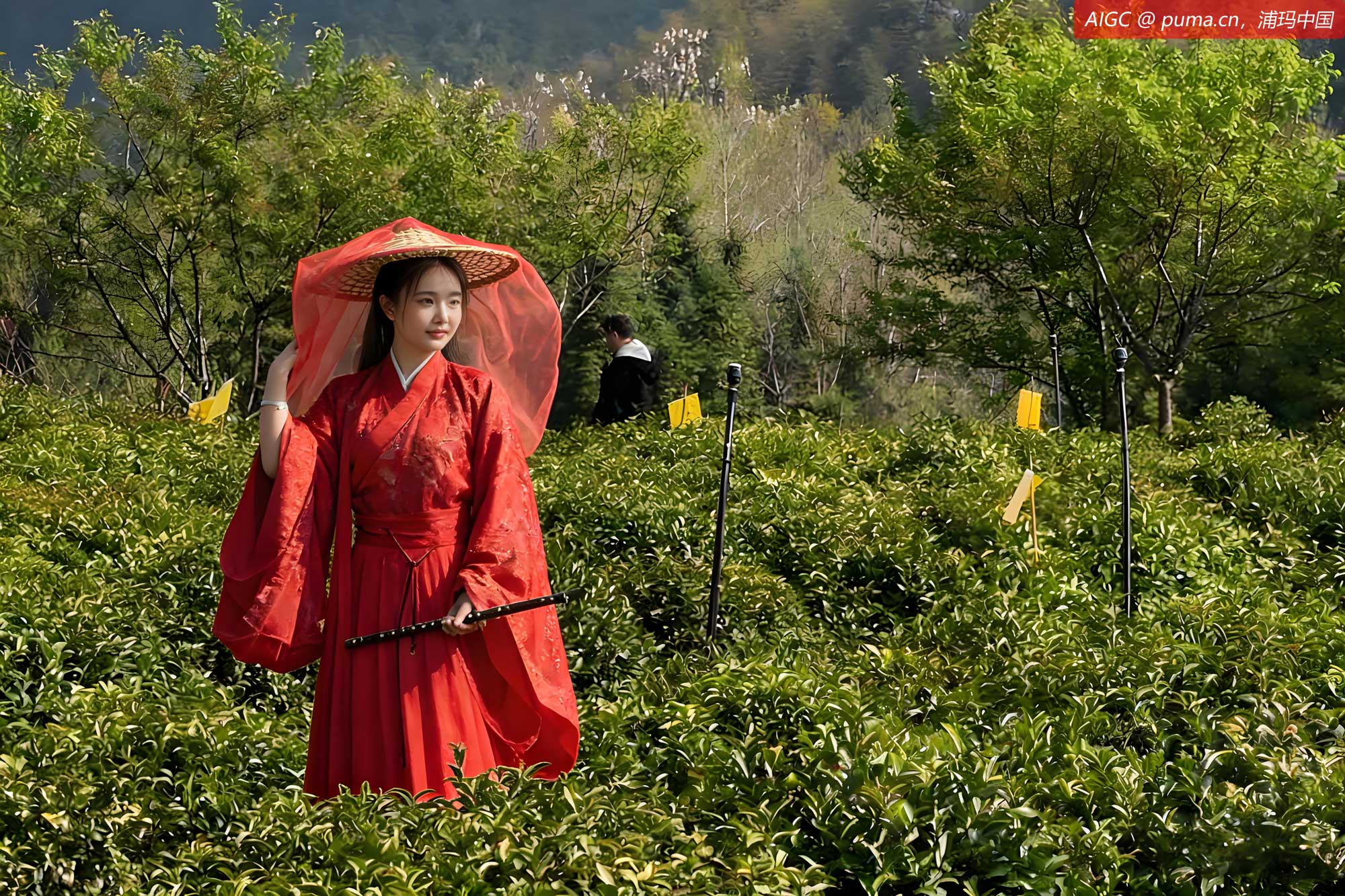 游客在安徽省黄山市祁门县的一处茶园里拍照留念